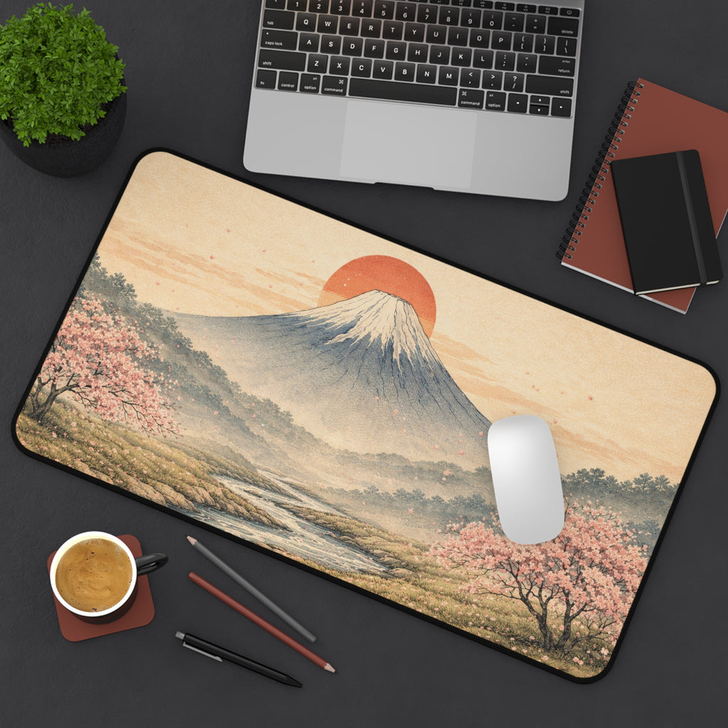 Japanese Ukiyo-e Desk Mat — Mountain, Red Sun & Cherry Blossoms