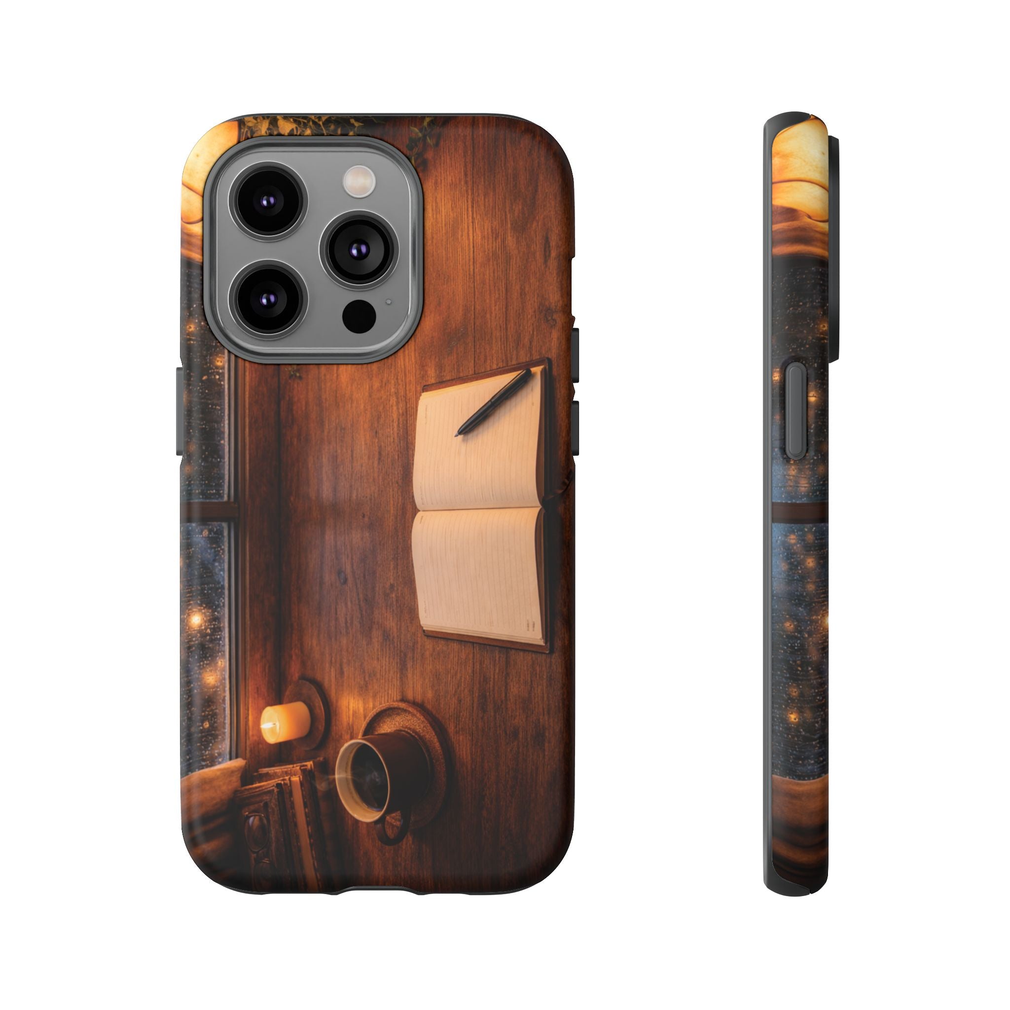 Cozy Writer’s Desk Phone Case — Cozy Notebook & Coffee Woodgrain Design