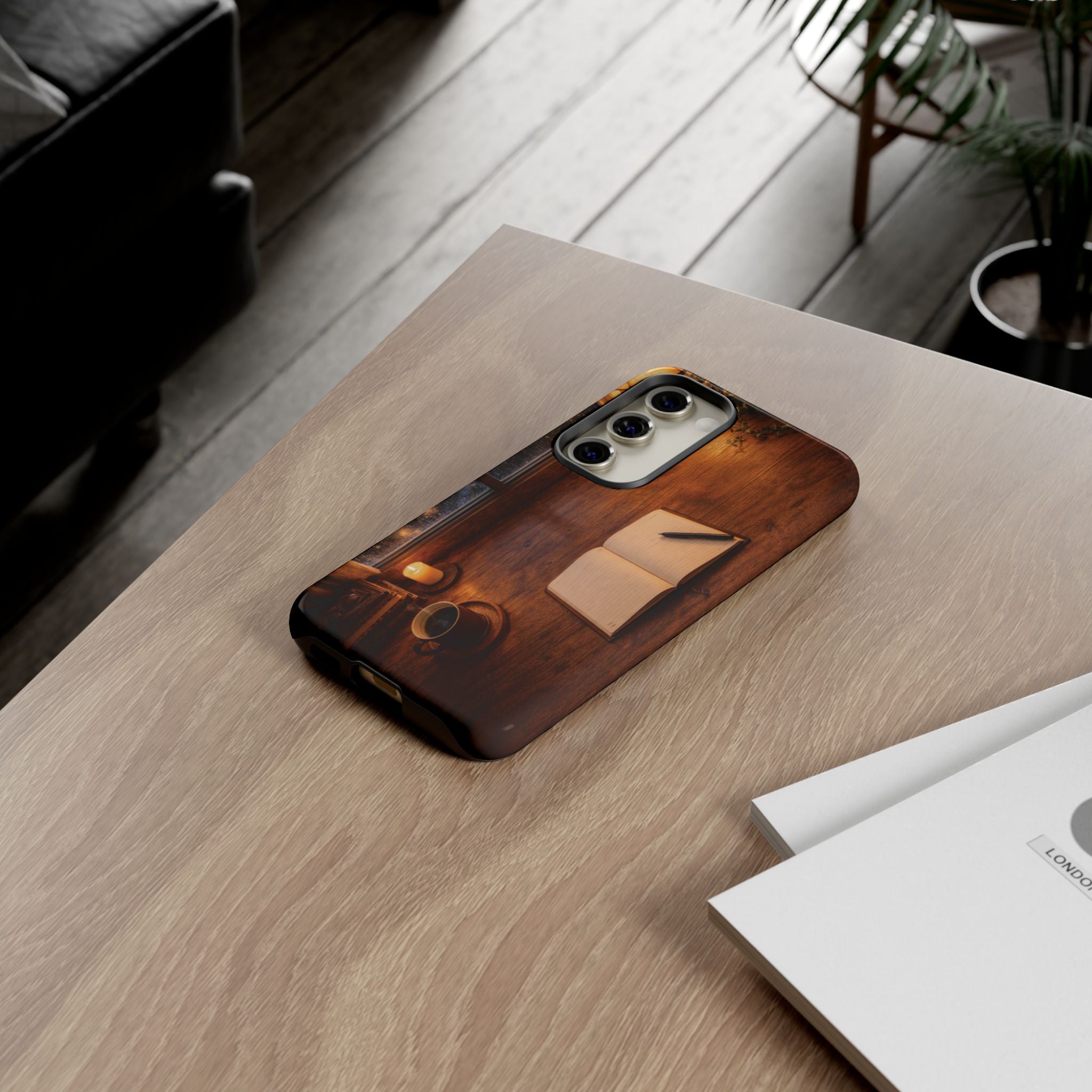Cozy Writer’s Desk Phone Case — Cozy Notebook & Coffee Woodgrain Design
