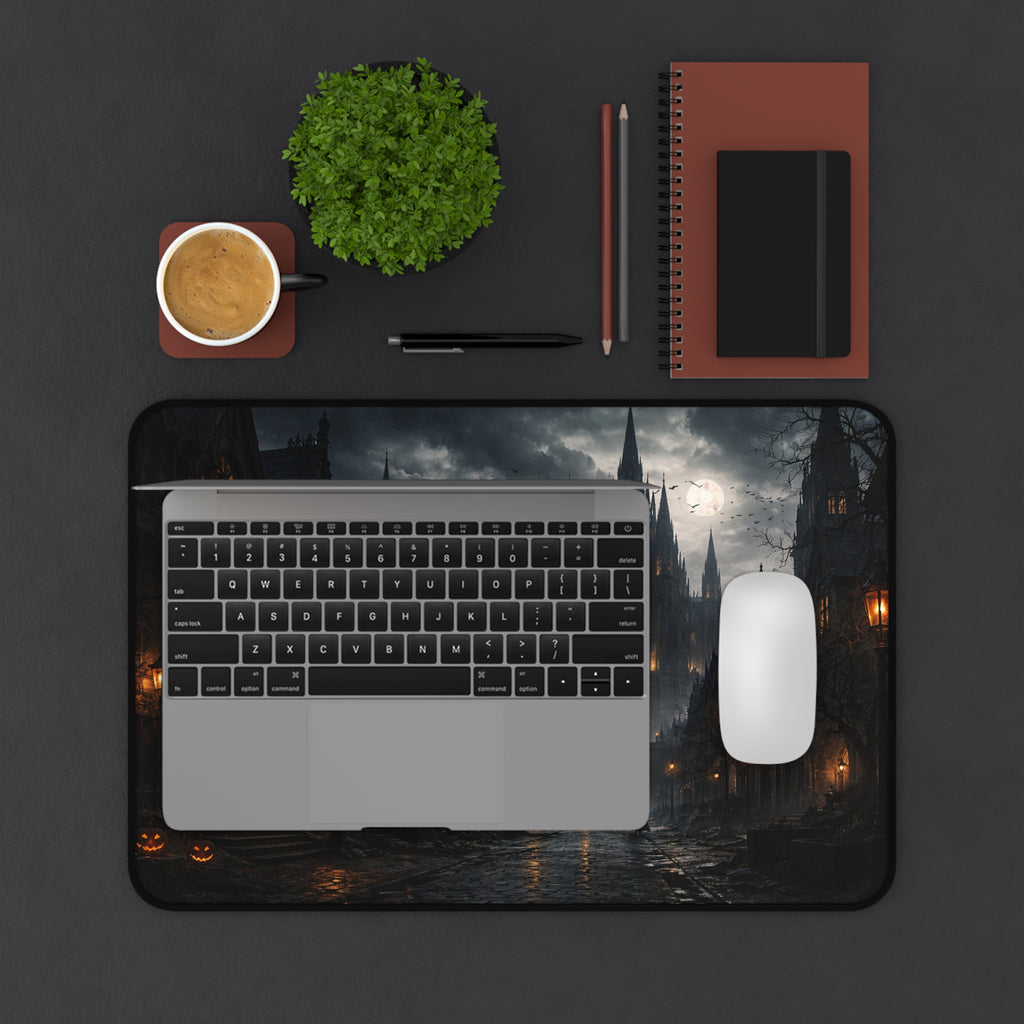 Gothic Moonlit City Desk Mat — Halloween Dark Fantasy Mouse Pad