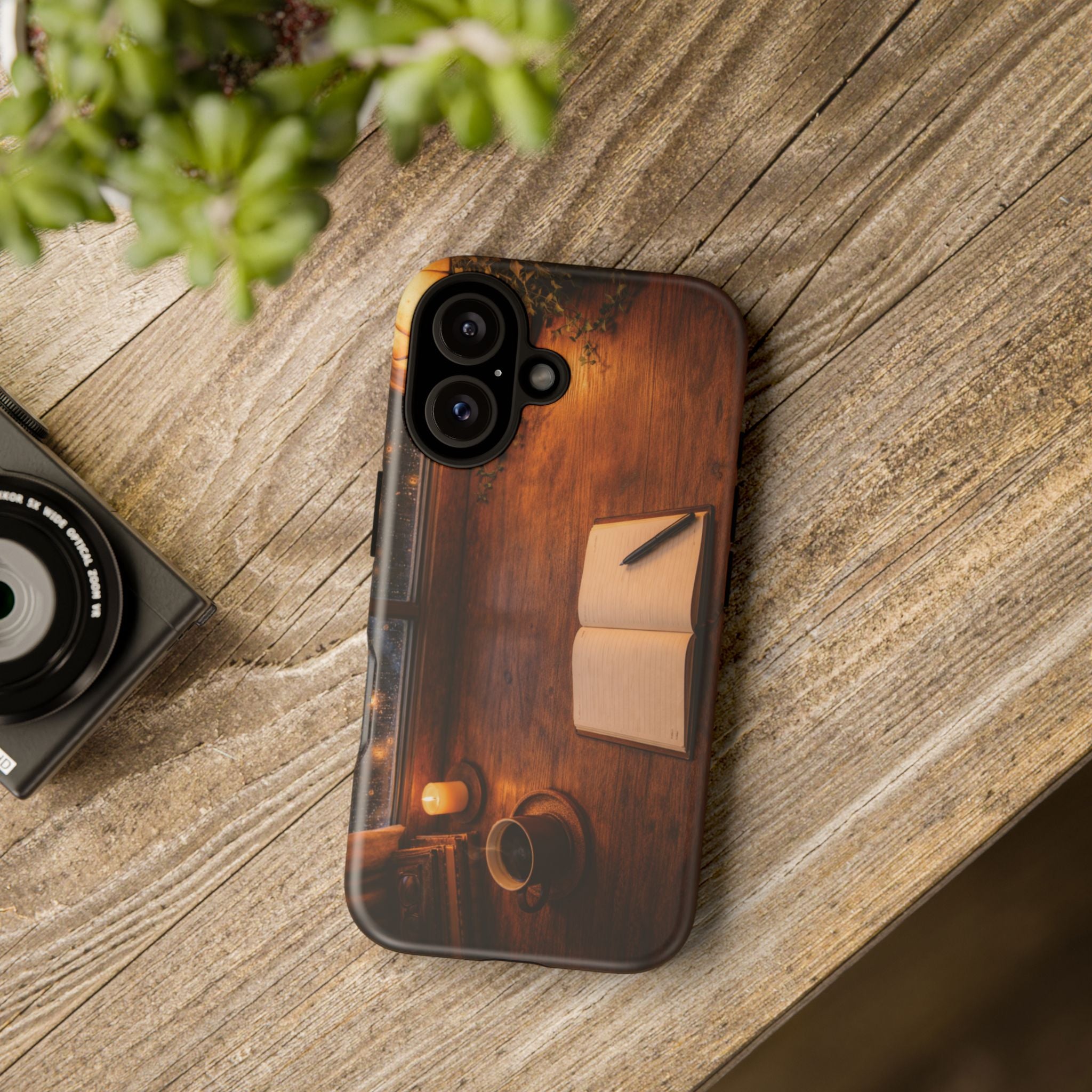 Cozy Writer’s Desk Phone Case — Cozy Notebook & Coffee Woodgrain Design