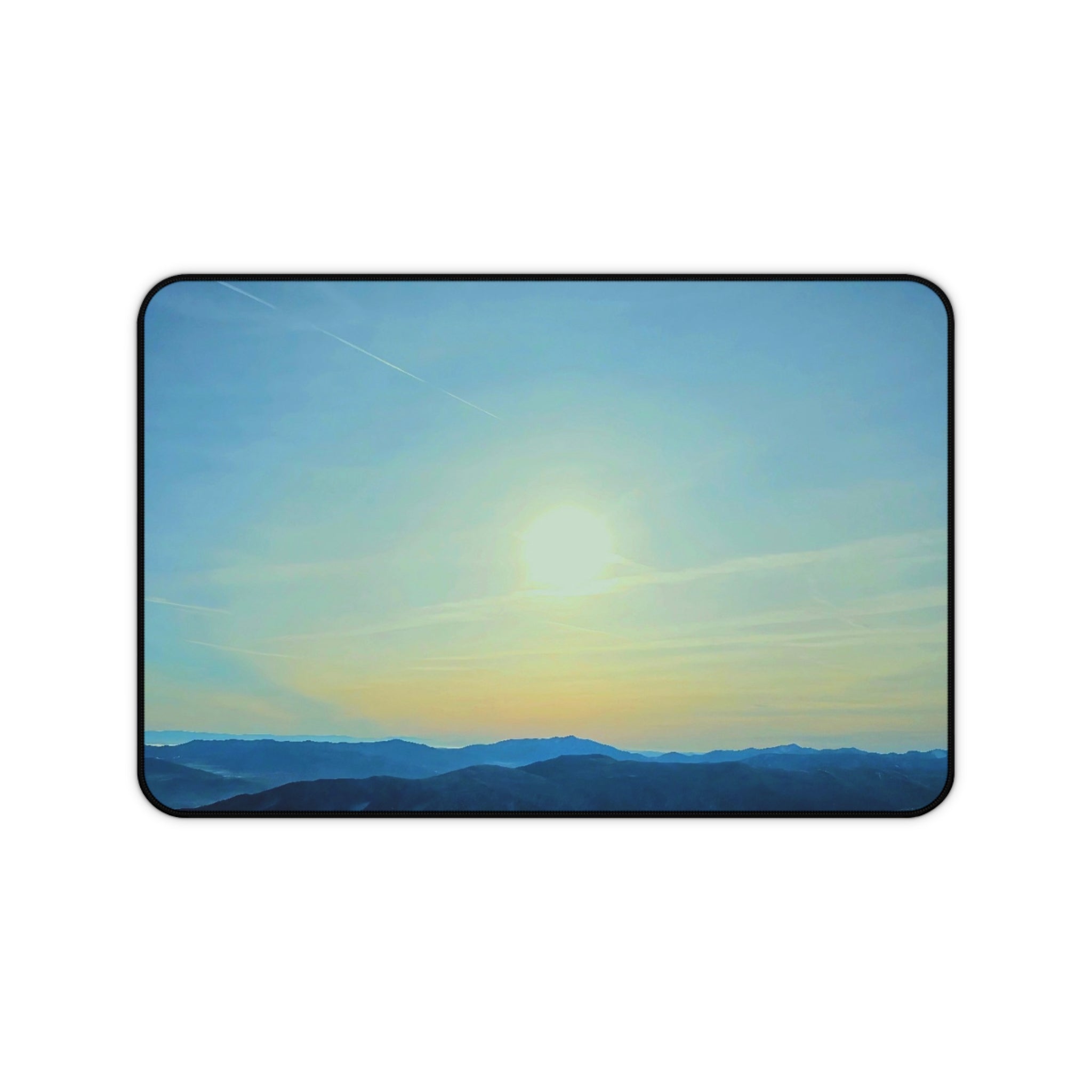 Whiteface Mountain Horizon Desk Mat — Fading Blue Peaks with Orange Sunrise