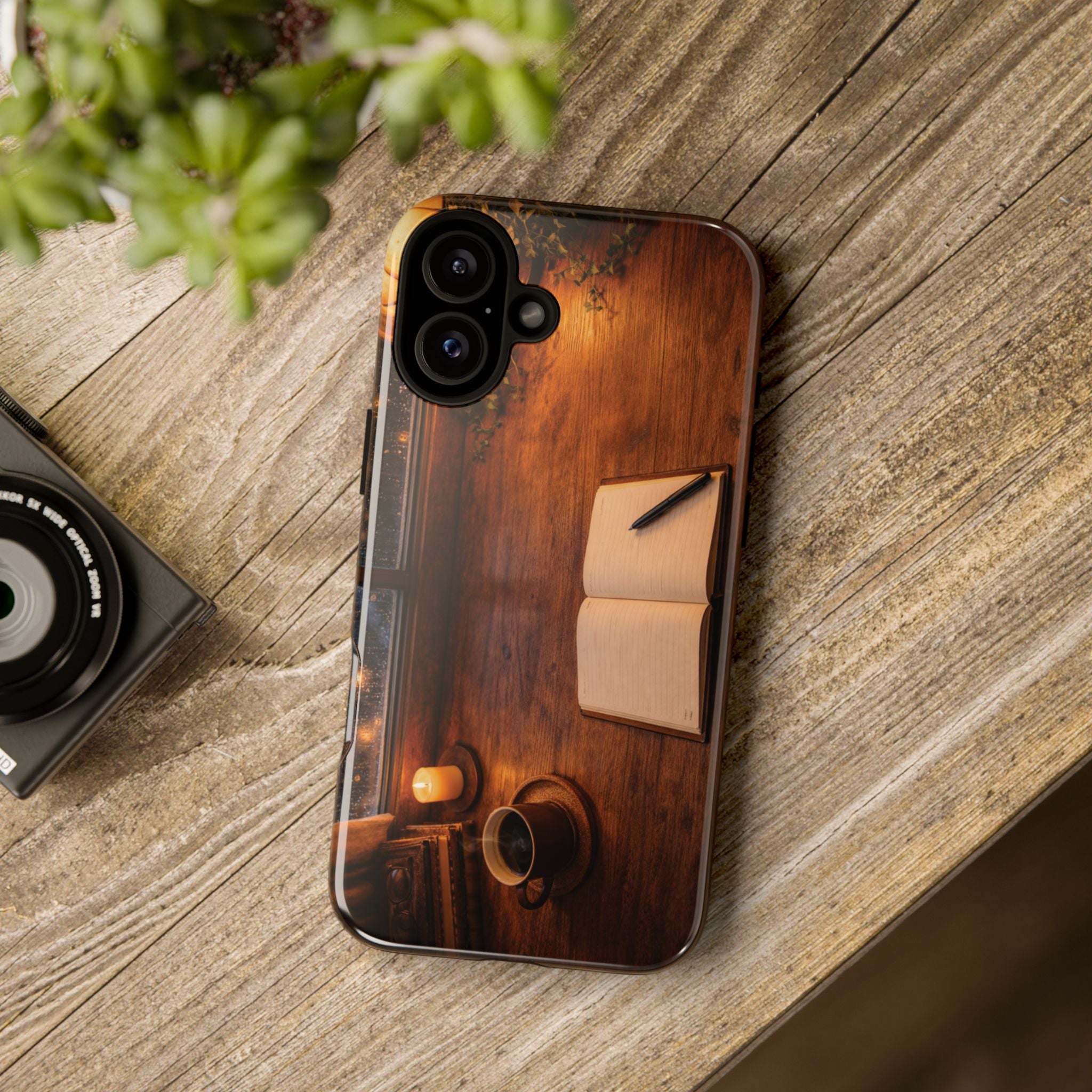 Cozy Writer’s Desk Phone Case — Cozy Notebook & Coffee Woodgrain Design
