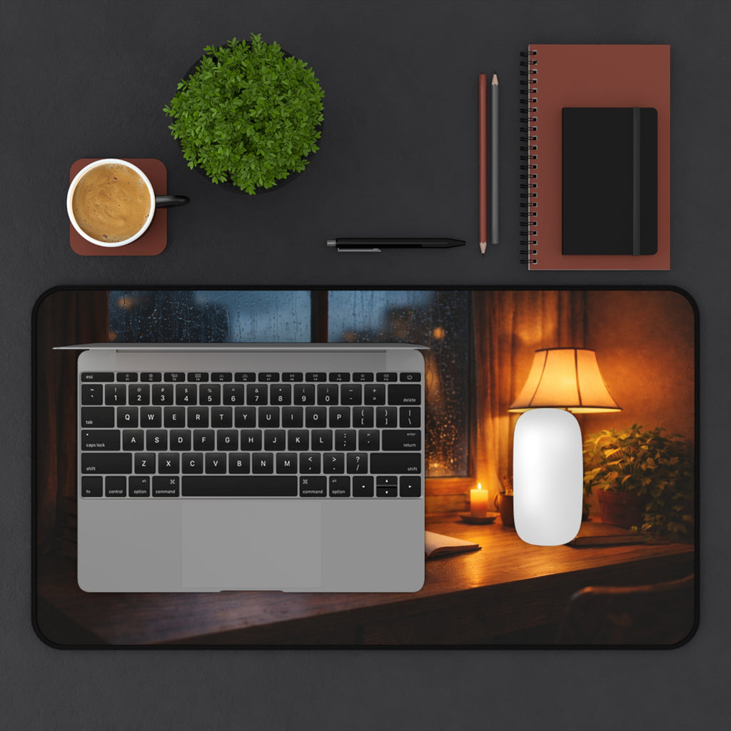 Cozy Rainy Night Desk Mat — Lamplight, Books & Coffee Aesthetic