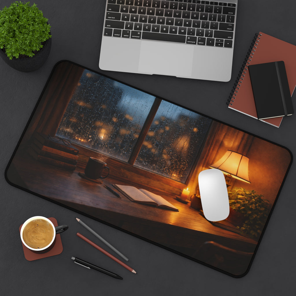 Cozy Rainy Night Desk Mat — Lamplight, Books & Coffee Aesthetic