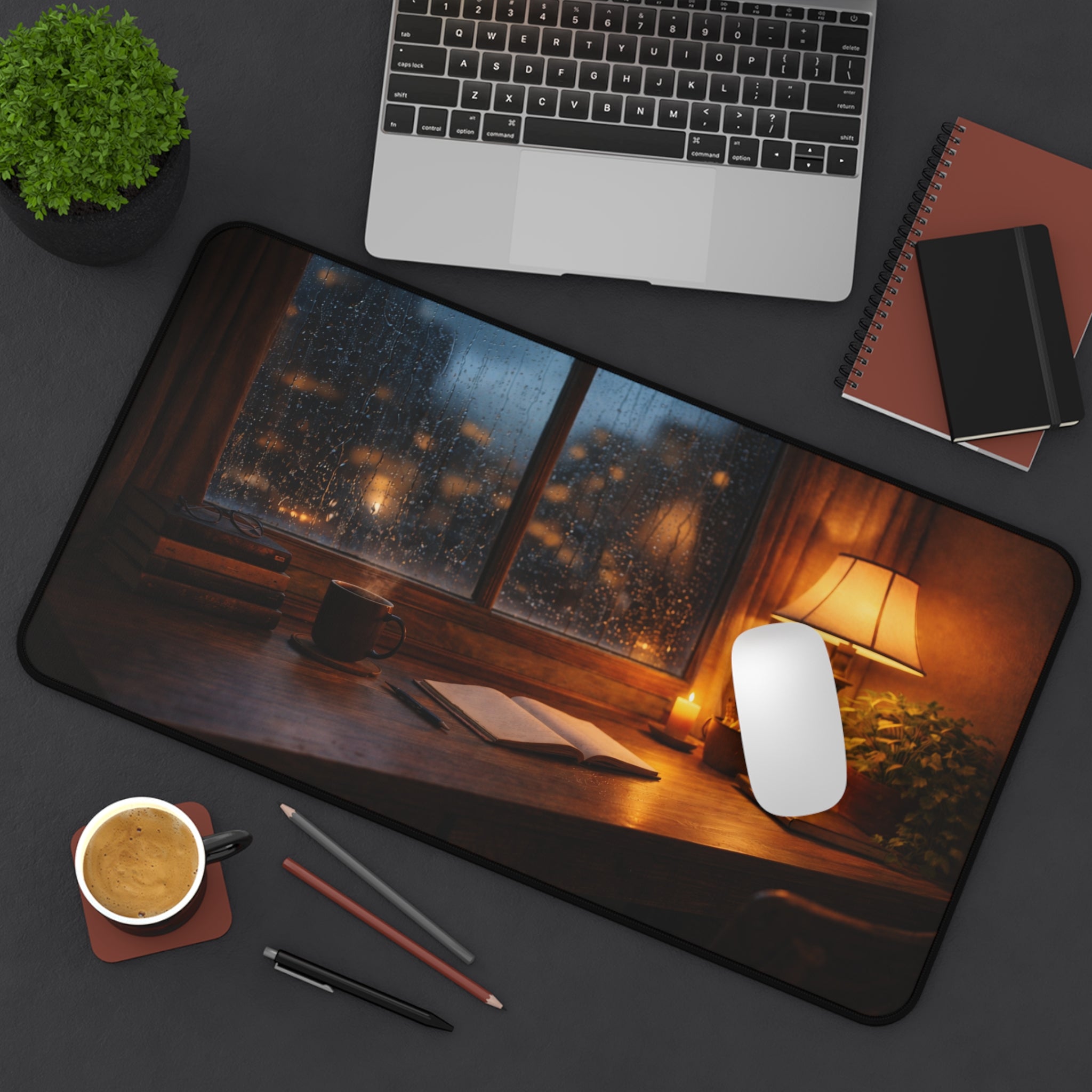 Cozy Rainy Night Desk Mat — Lamplight, Books & Coffee Aesthetic