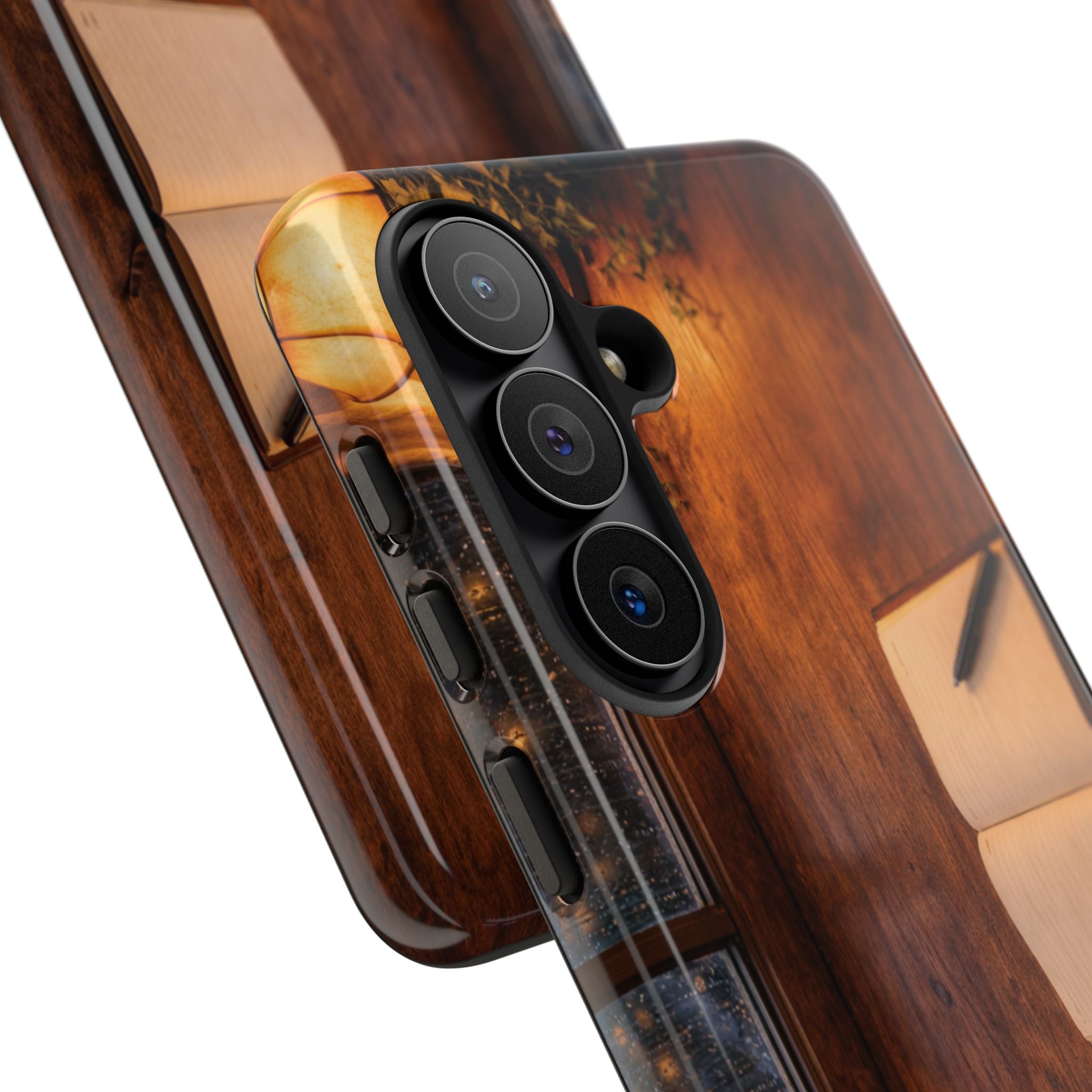 Cozy Writer’s Desk Phone Case — Cozy Notebook & Coffee Woodgrain Design