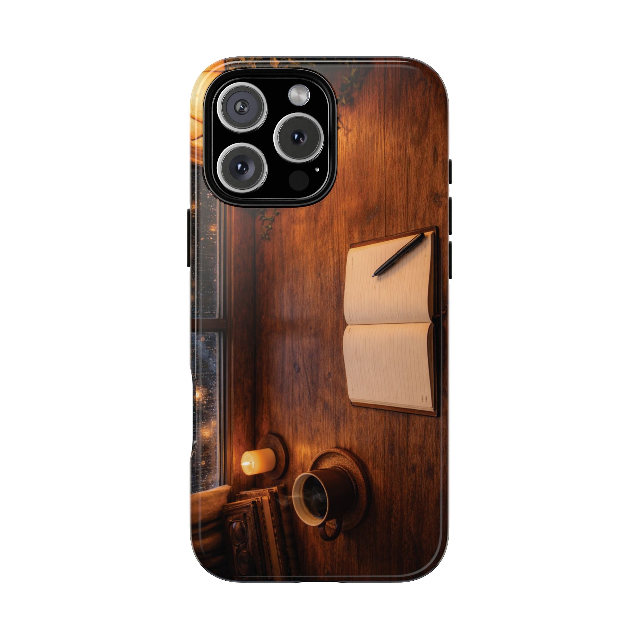 Cozy Writer’s Desk Phone Case — Cozy Notebook & Coffee Woodgrain Design