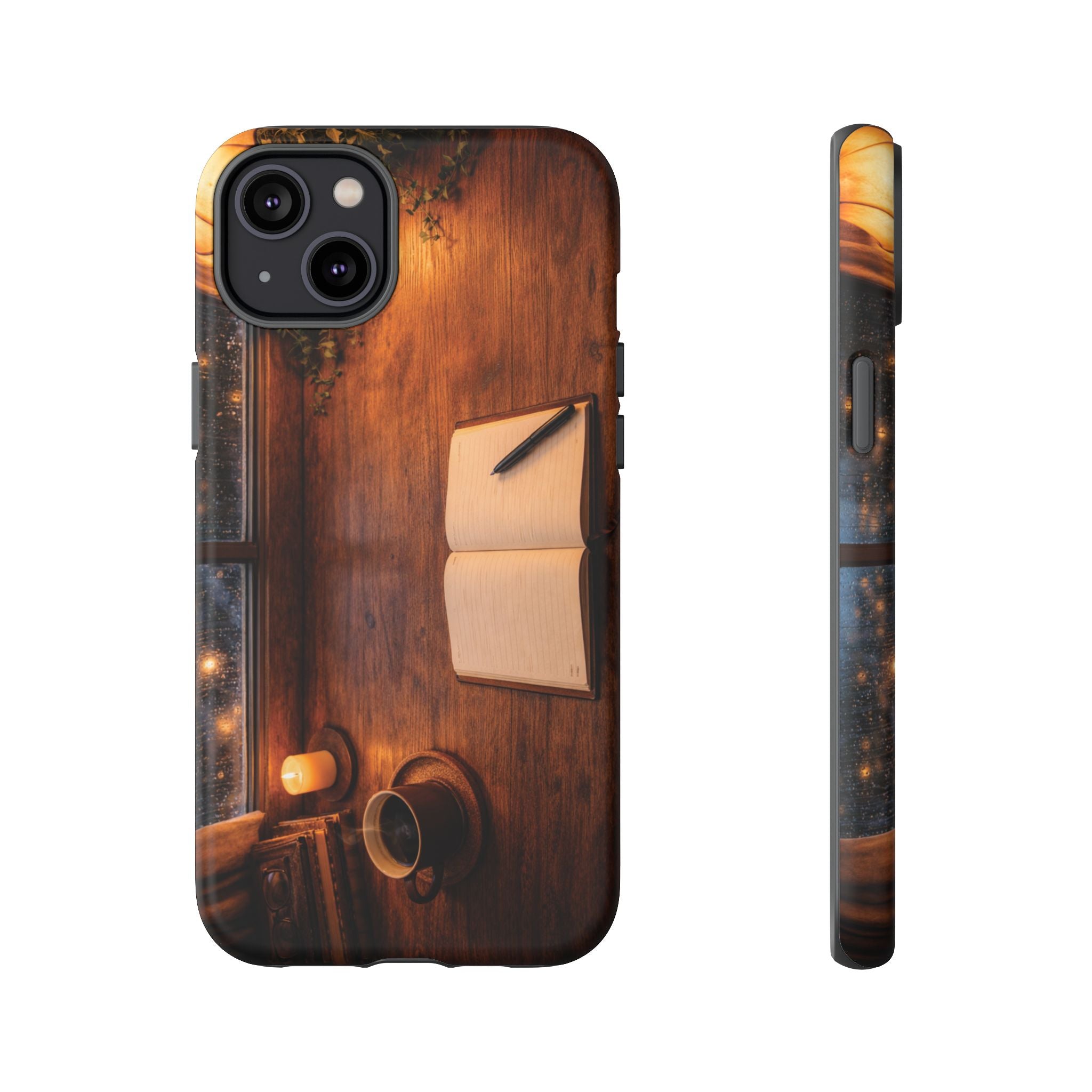 Cozy Writer’s Desk Phone Case — Cozy Notebook & Coffee Woodgrain Design