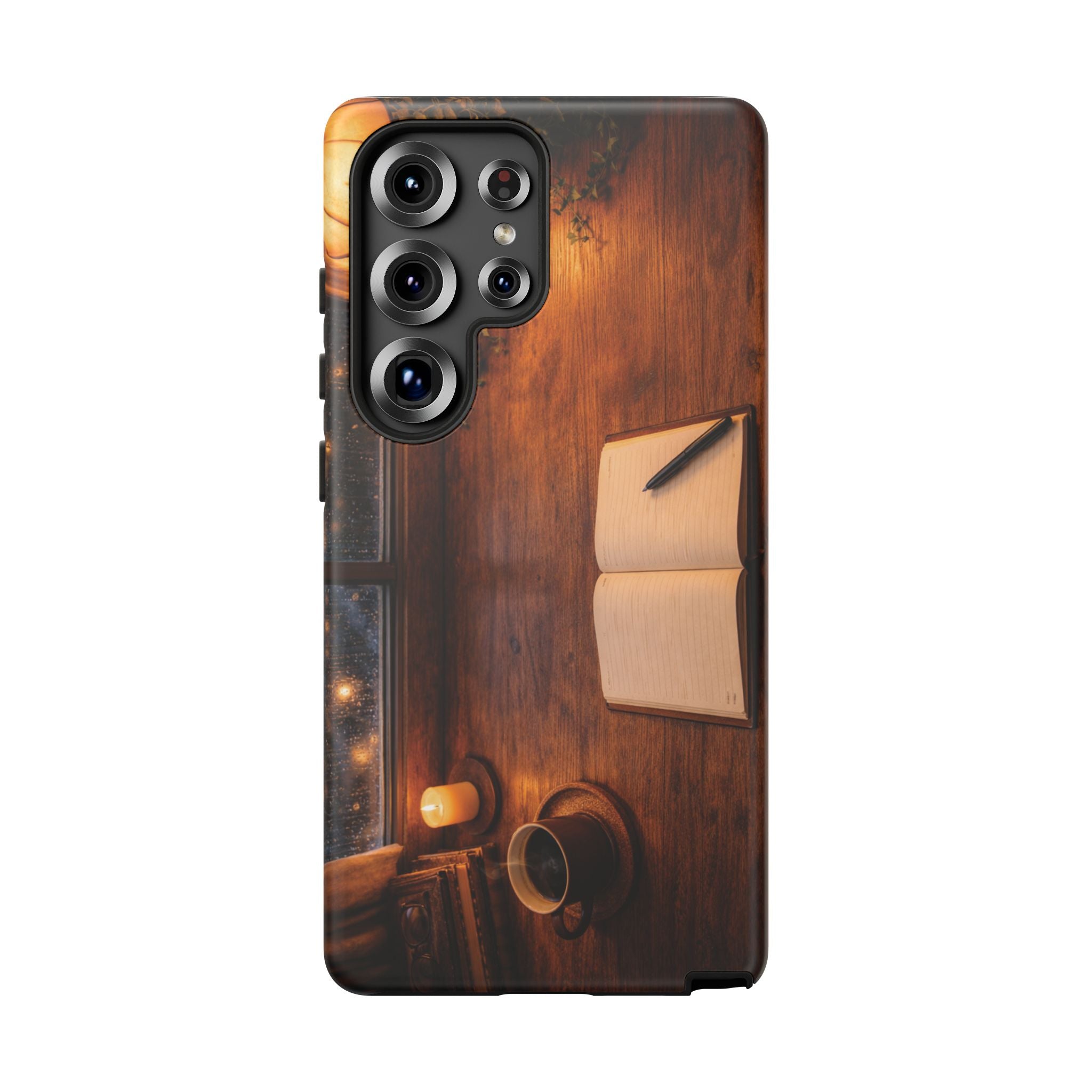 Cozy Writer’s Desk Phone Case — Cozy Notebook & Coffee Woodgrain Design