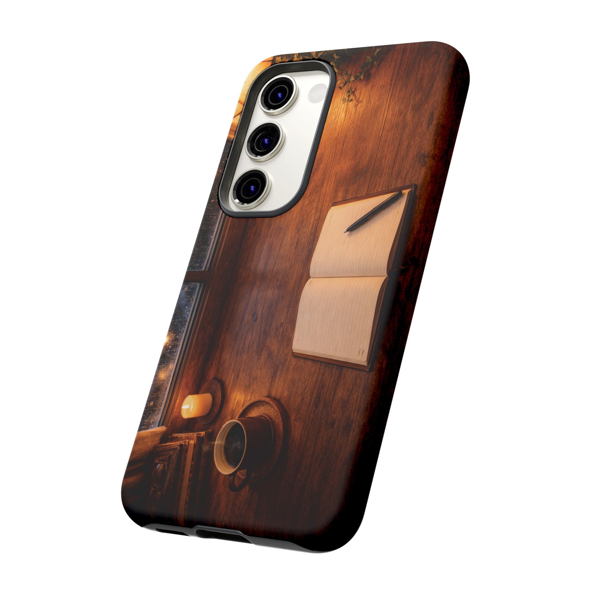 Cozy Writer’s Desk Phone Case — Cozy Notebook & Coffee Woodgrain Design