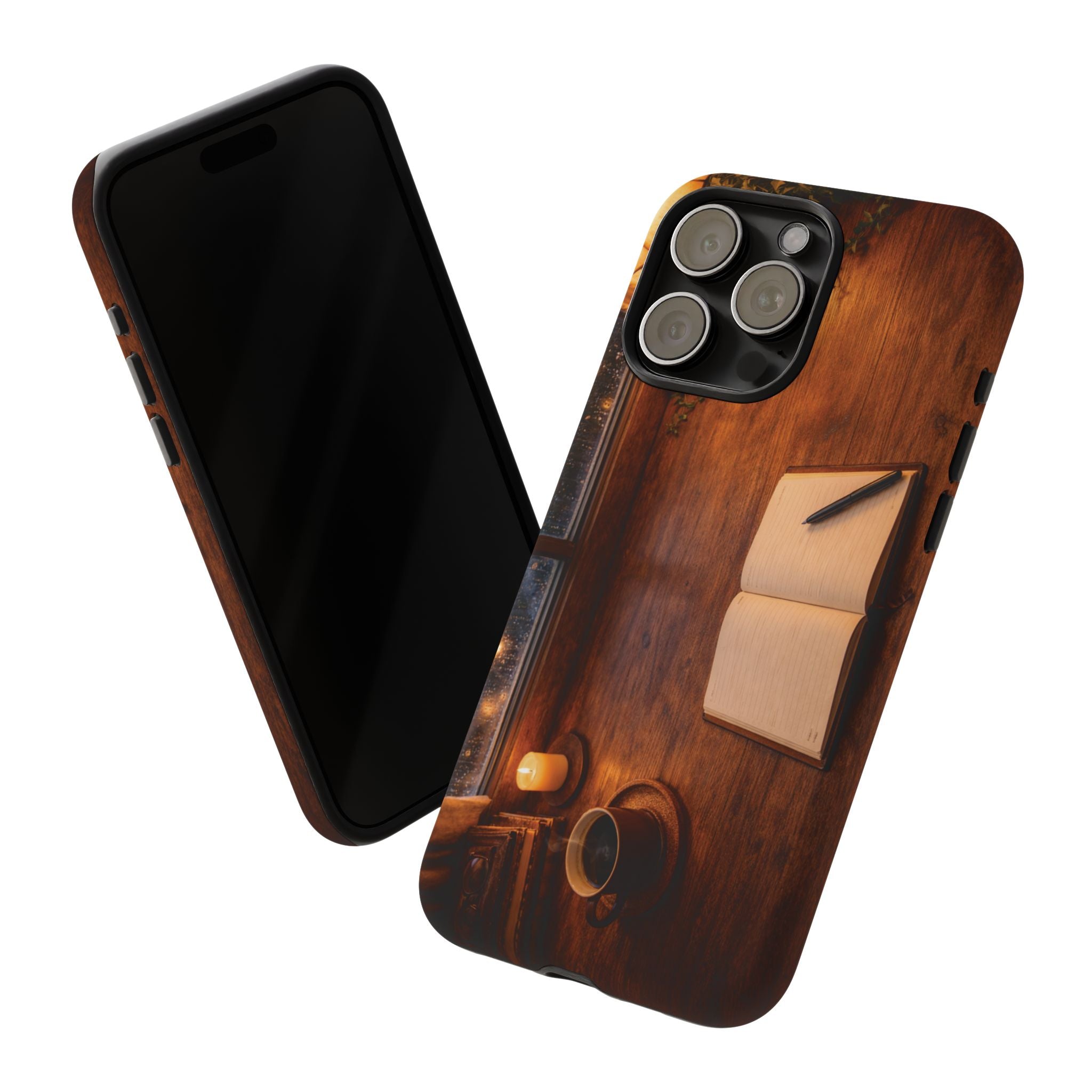 Cozy Writer’s Desk Phone Case — Cozy Notebook & Coffee Woodgrain Design
