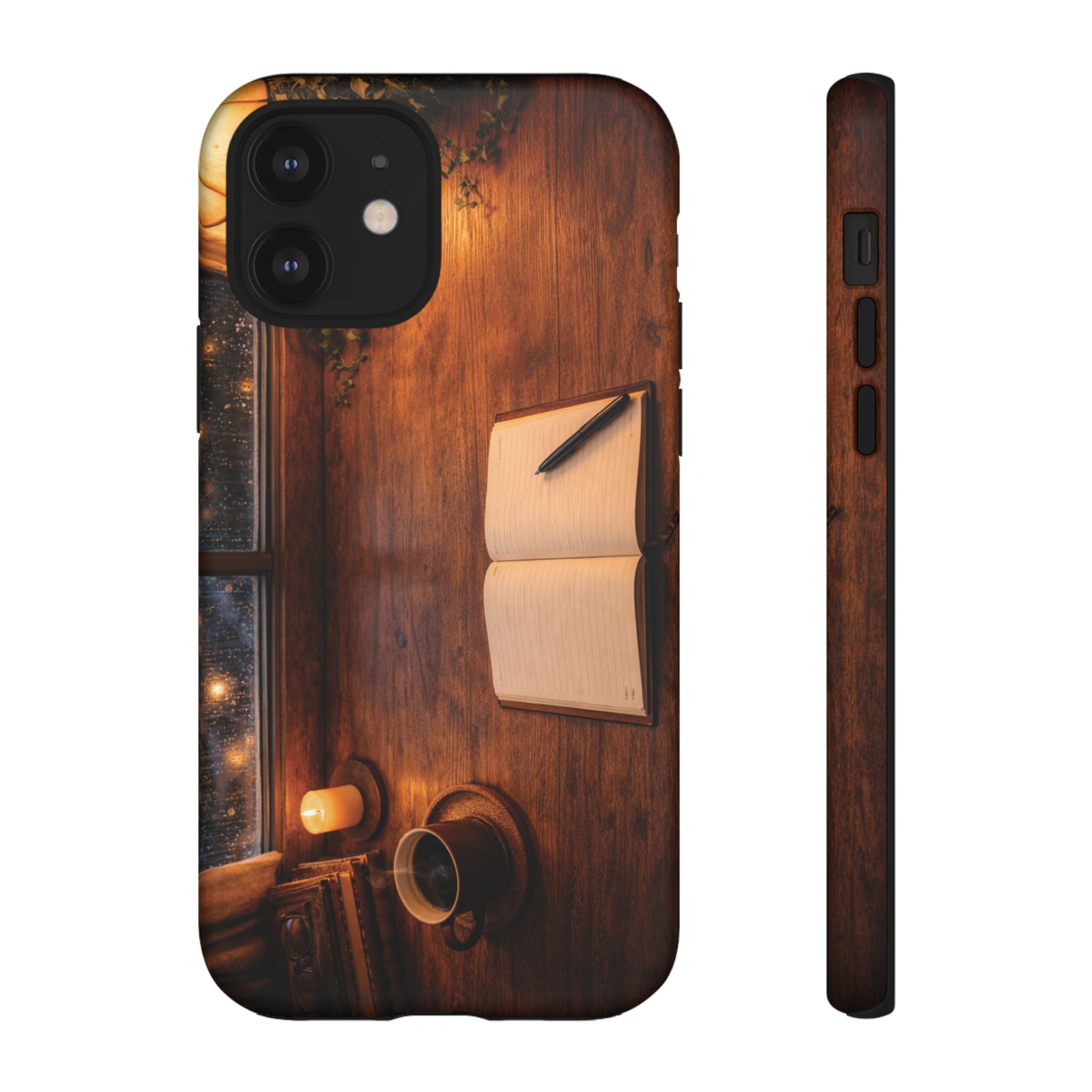 Cozy Writer’s Desk Phone Case — Cozy Notebook & Coffee Woodgrain Design