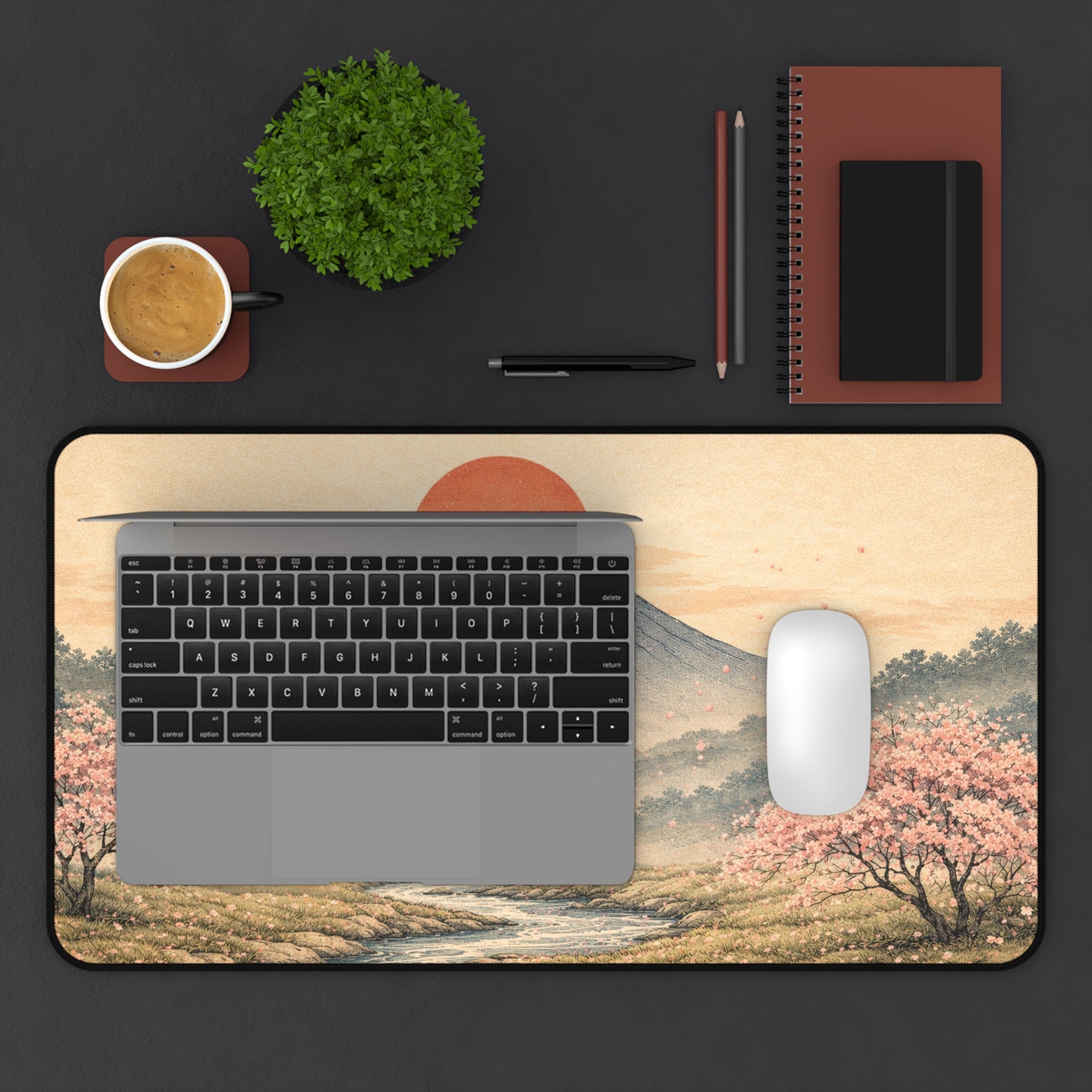 Japanese Ukiyo-e Desk Mat — Mountain, Red Sun & Cherry Blossoms