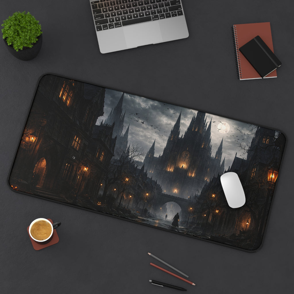 Gothic Moonlit City Desk Mat — Halloween Dark Fantasy Mouse Pad