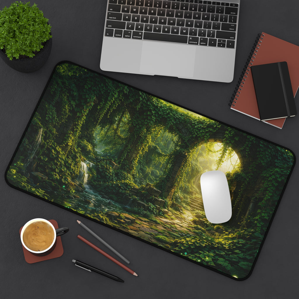Ivy-Covered Ancient Ruins Desk Mat — Golden Sunlight Overgrown Ruins Desk Mat