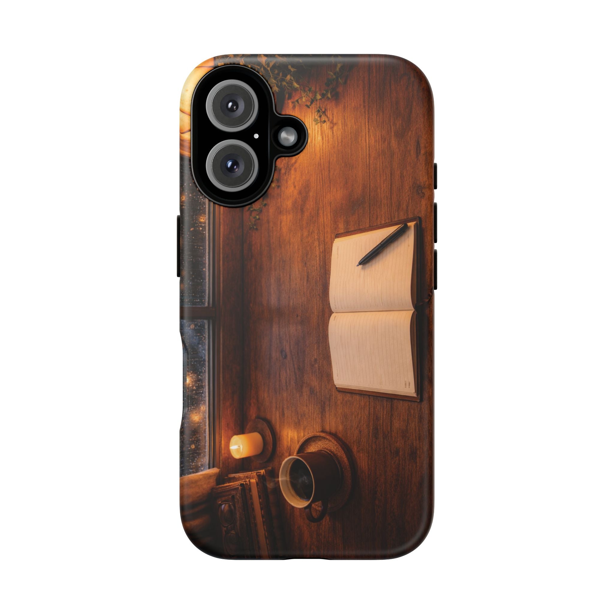 Cozy Writer’s Desk Phone Case — Cozy Notebook & Coffee Woodgrain Design