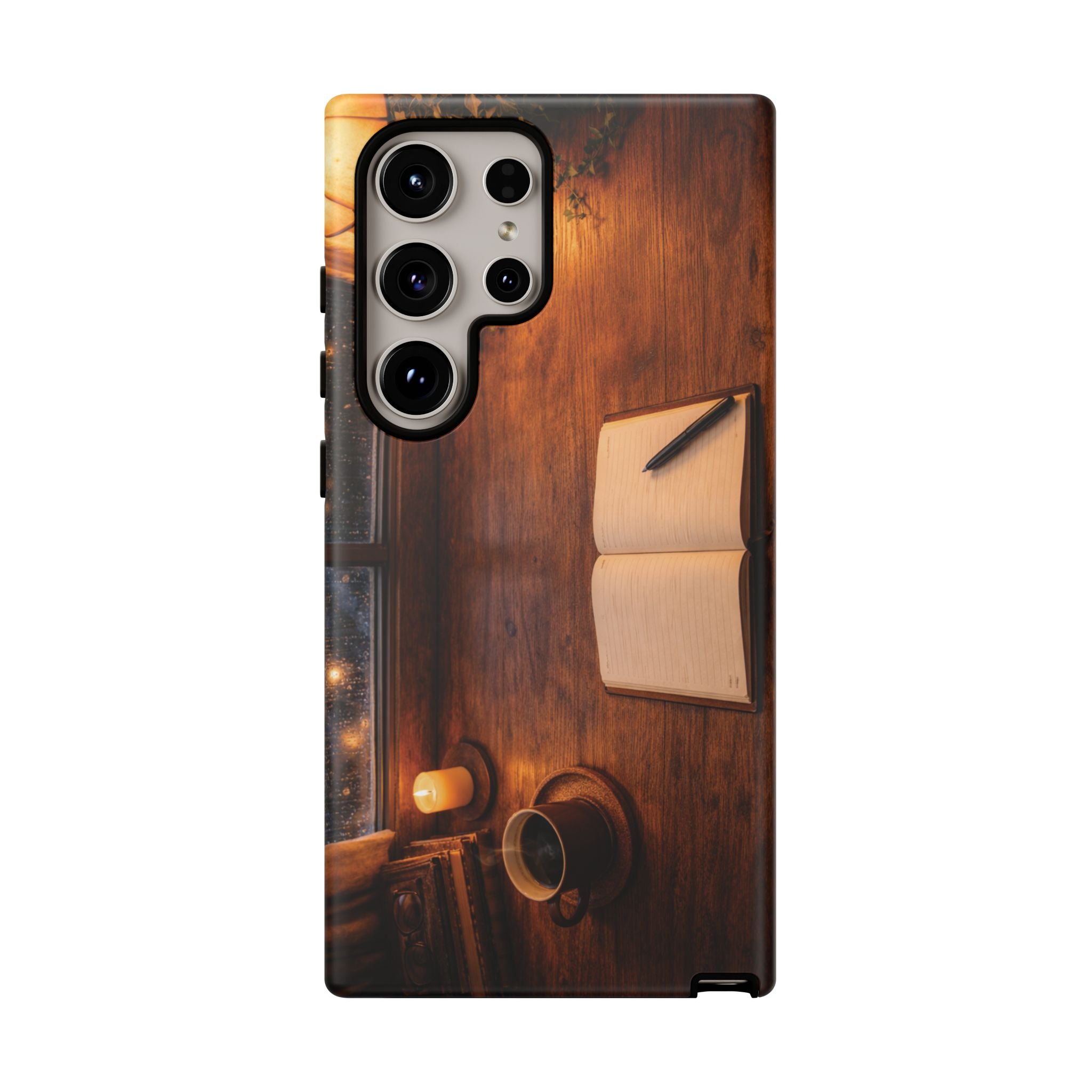 Cozy Writer’s Desk Phone Case — Cozy Notebook & Coffee Woodgrain Design