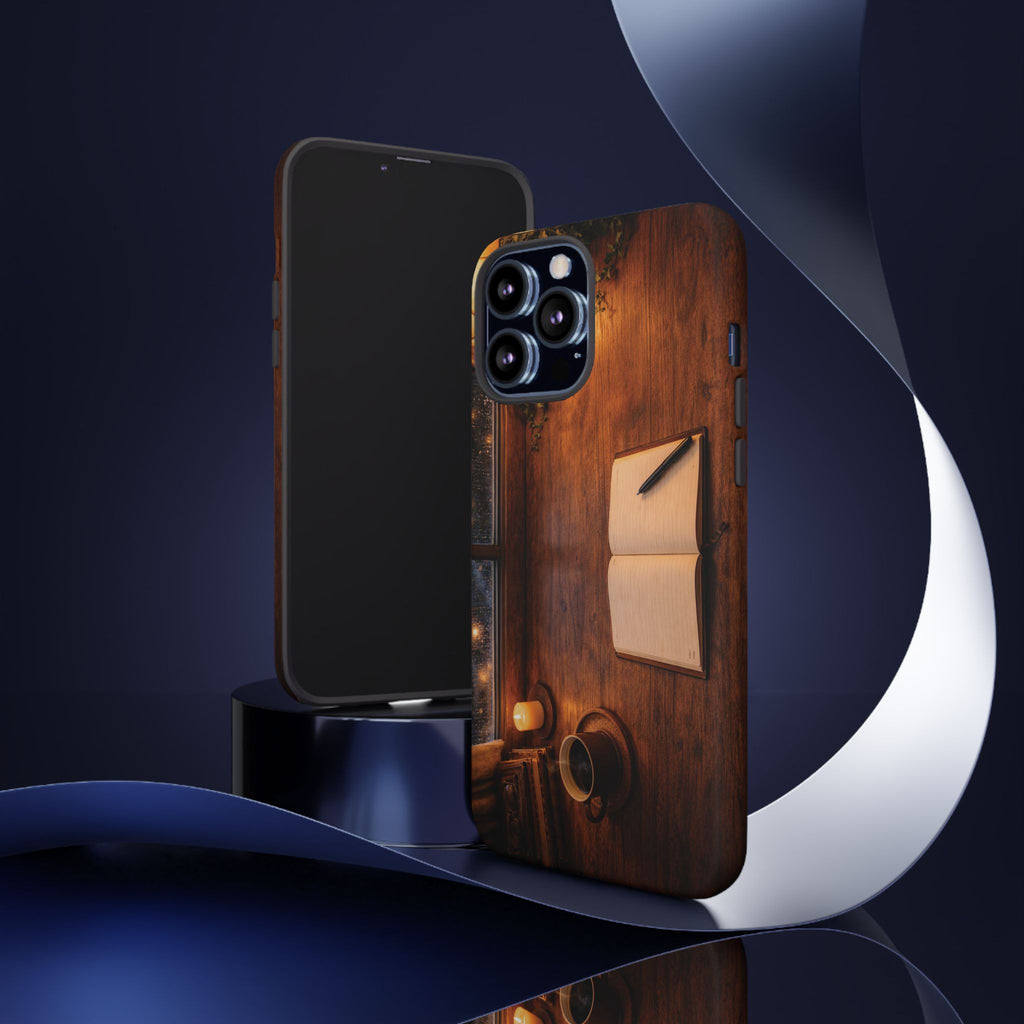Cozy Writer’s Desk Phone Case — Cozy Notebook & Coffee Woodgrain Design