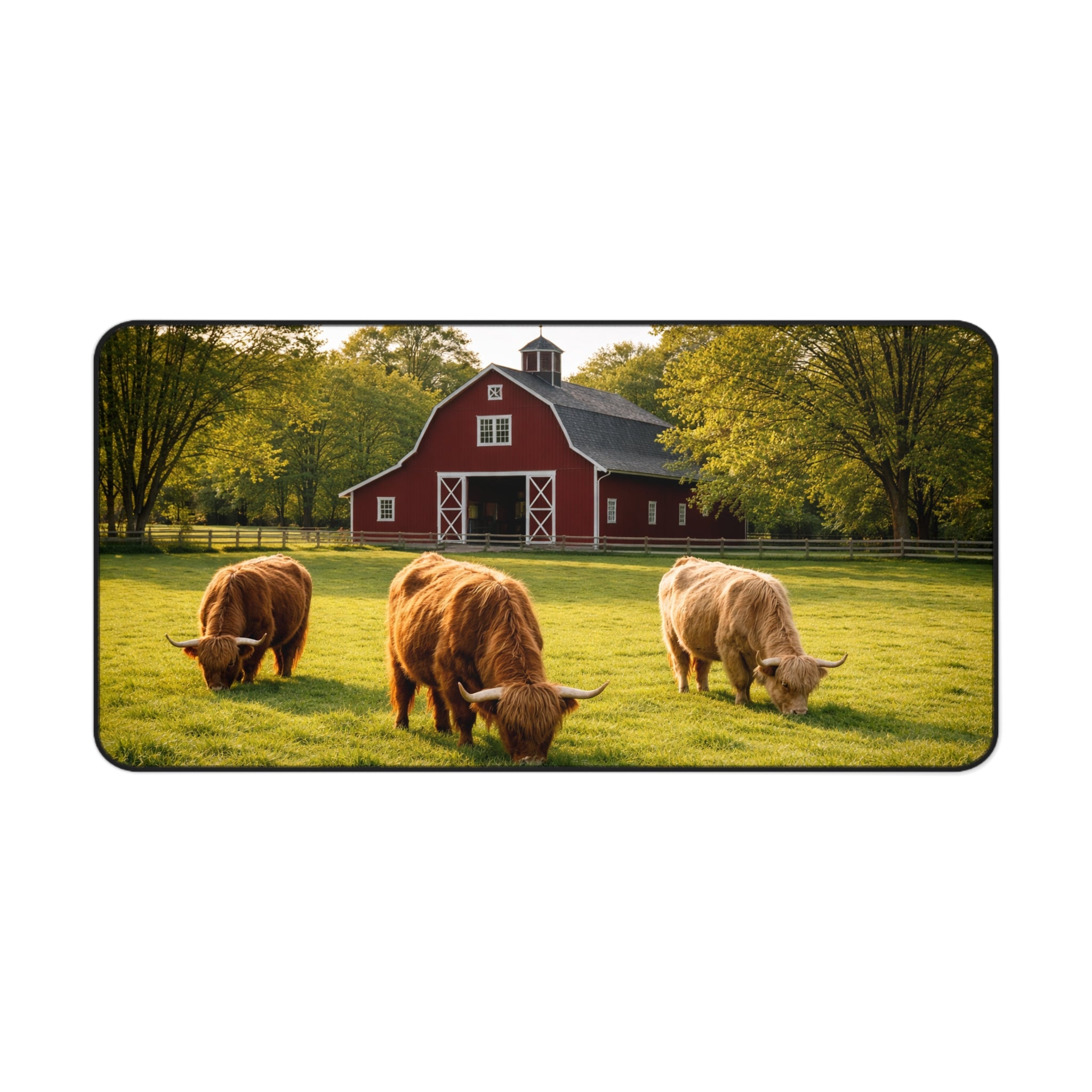 Golden Pasture Desk Mat — Highland Cattle & Red Barn Rustic Desk Pad