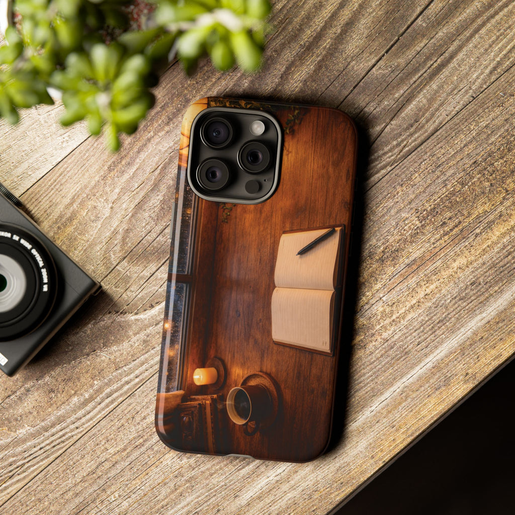 Cozy Writer’s Desk Phone Case — Cozy Notebook & Coffee Woodgrain Design