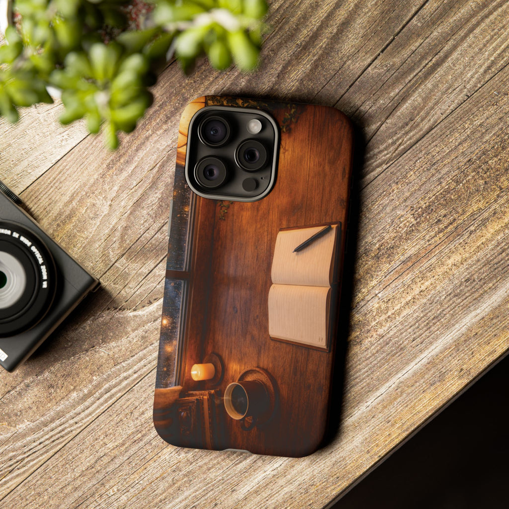 Cozy Writer’s Desk Phone Case — Cozy Notebook & Coffee Woodgrain Design