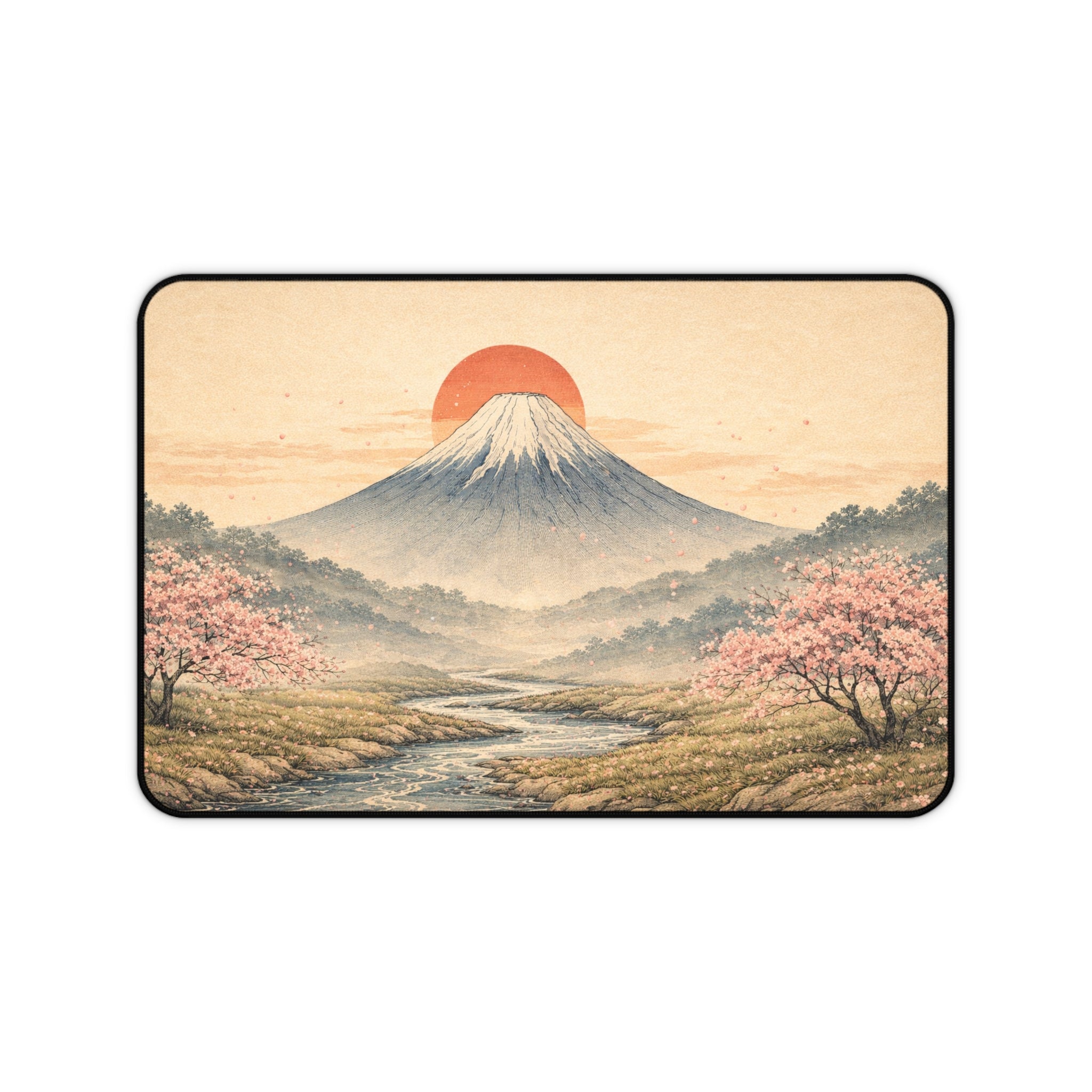 Japanese Ukiyo-e Desk Mat — Mountain, Red Sun & Cherry Blossoms