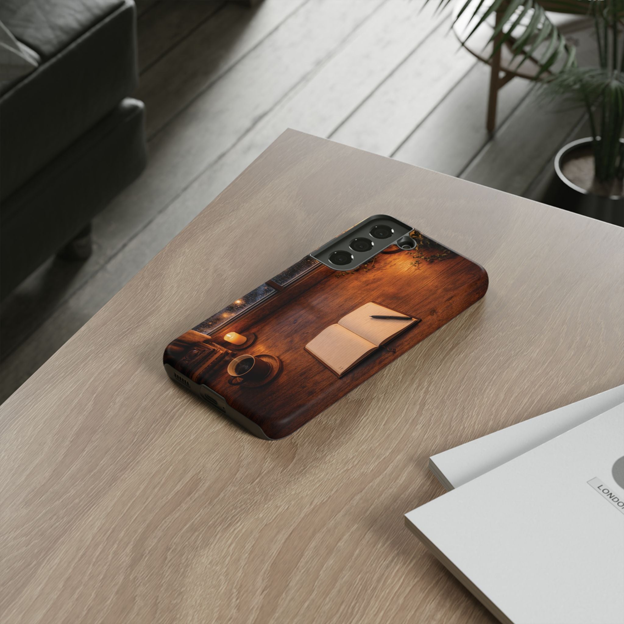 Cozy Writer’s Desk Phone Case — Cozy Notebook & Coffee Woodgrain Design