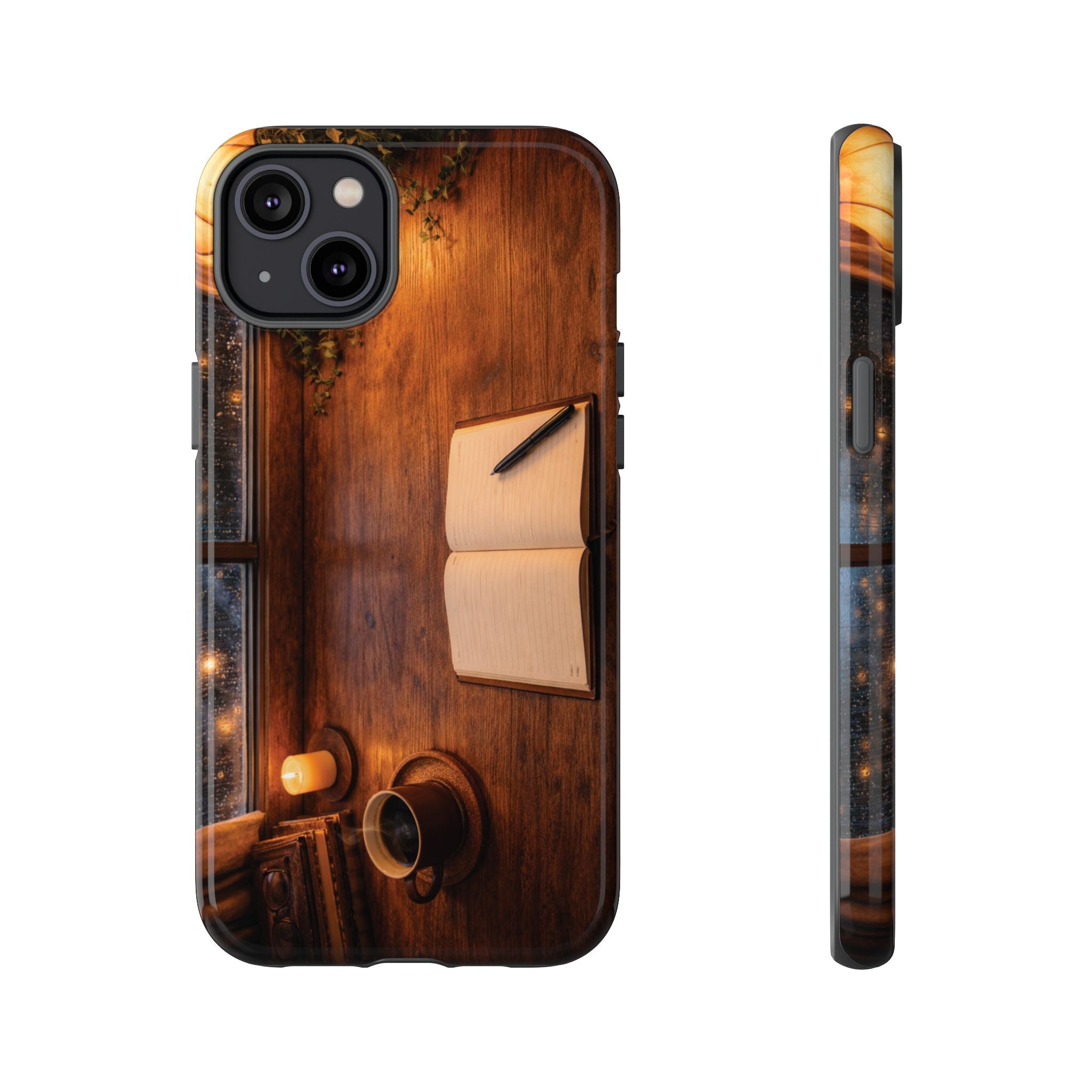 Cozy Writer’s Desk Phone Case — Cozy Notebook & Coffee Woodgrain Design