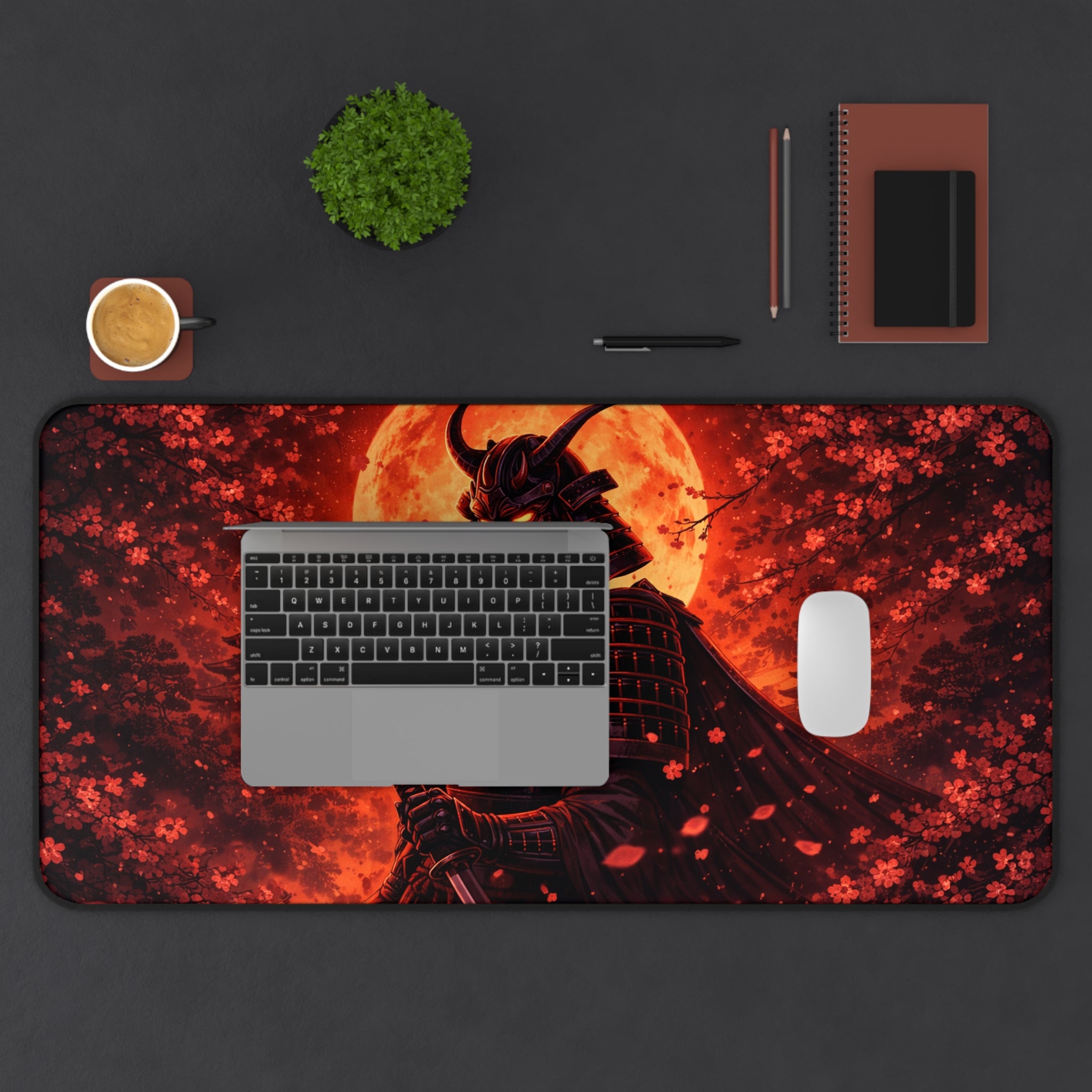 Samurai Crimson Moon Desk Mat — Cherry Blossom Silhouette Mousepad