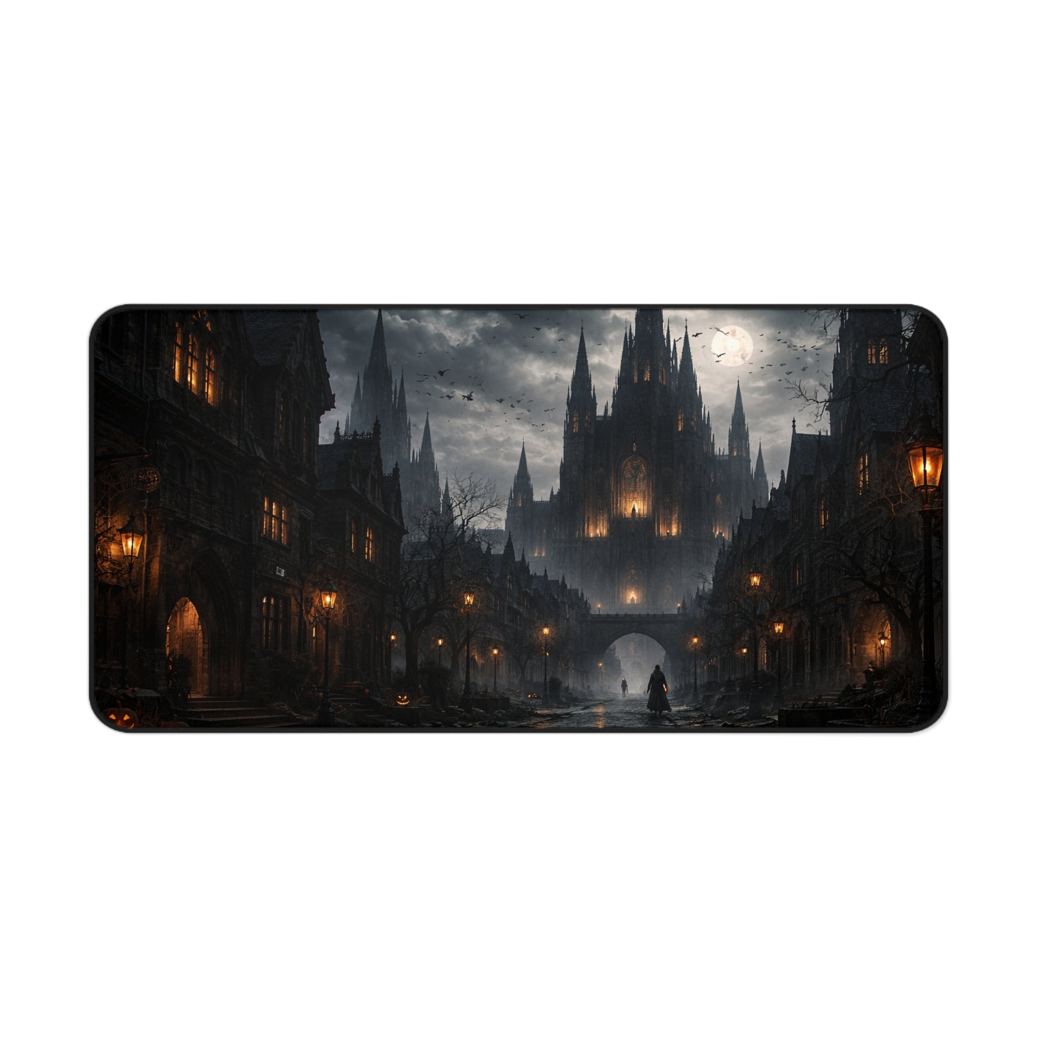 Gothic Moonlit City Desk Mat — Halloween Dark Fantasy Mouse Pad