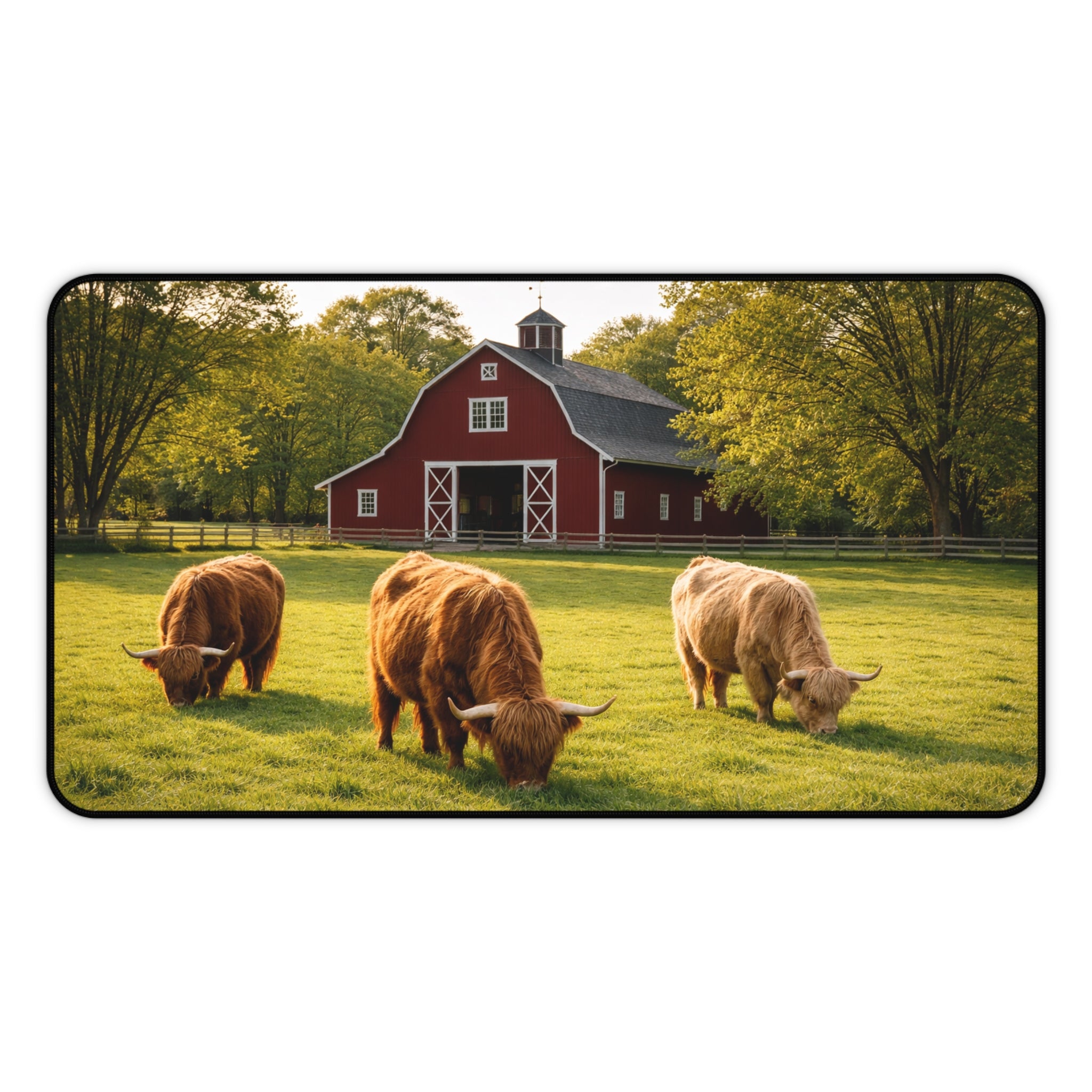 Golden Pasture Desk Mat — Highland Cattle & Red Barn Rustic Desk Pad