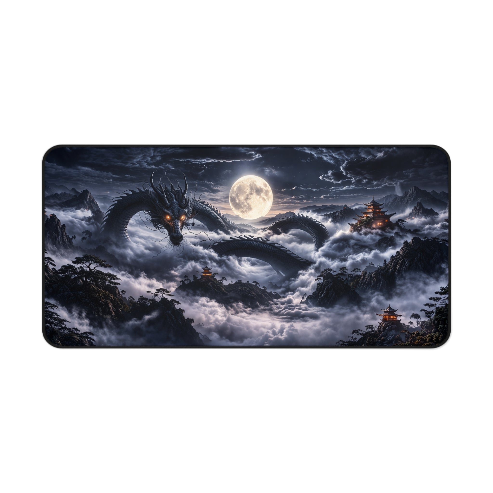 Moonlit Black Dragon Desk Mat XXL, Gaming Mouse Pad | Fantasy Japanese Dark Aesthetic