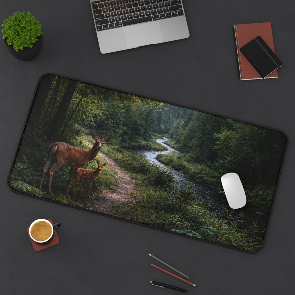 Forest Path Mouse Pad Desk Mat — Deer & Fawn Woodland Scene