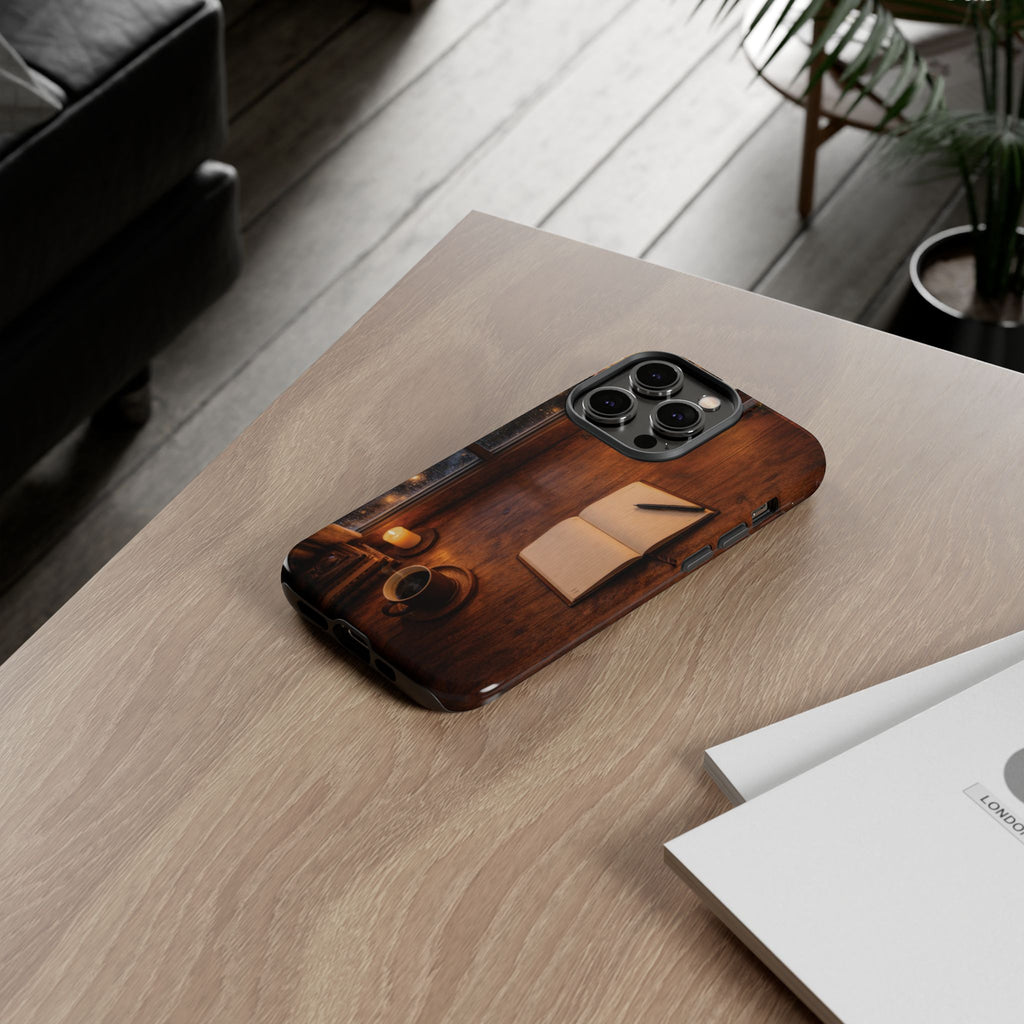 Cozy Writer’s Desk Phone Case — Cozy Notebook & Coffee Woodgrain Design