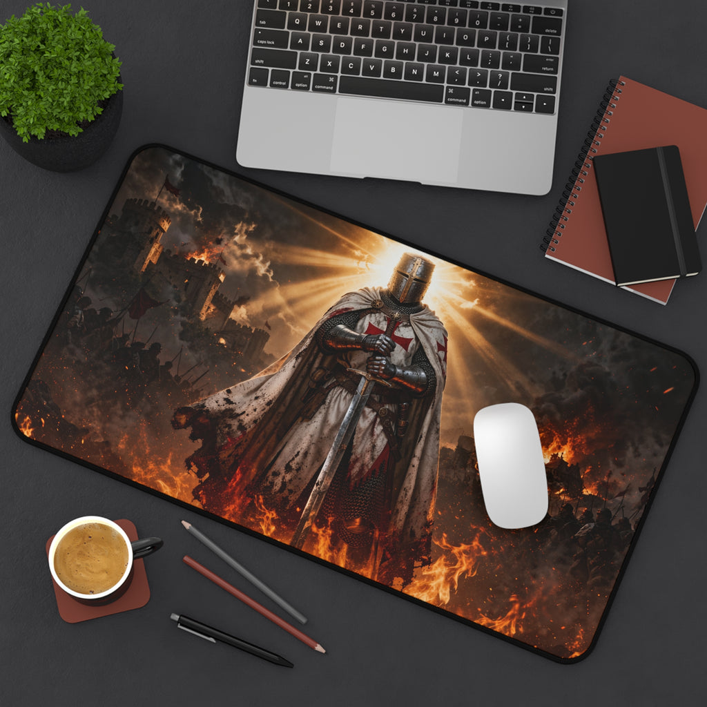 Crusader Flame Desk Mat — Battle-Scarred Gamer Mousepad