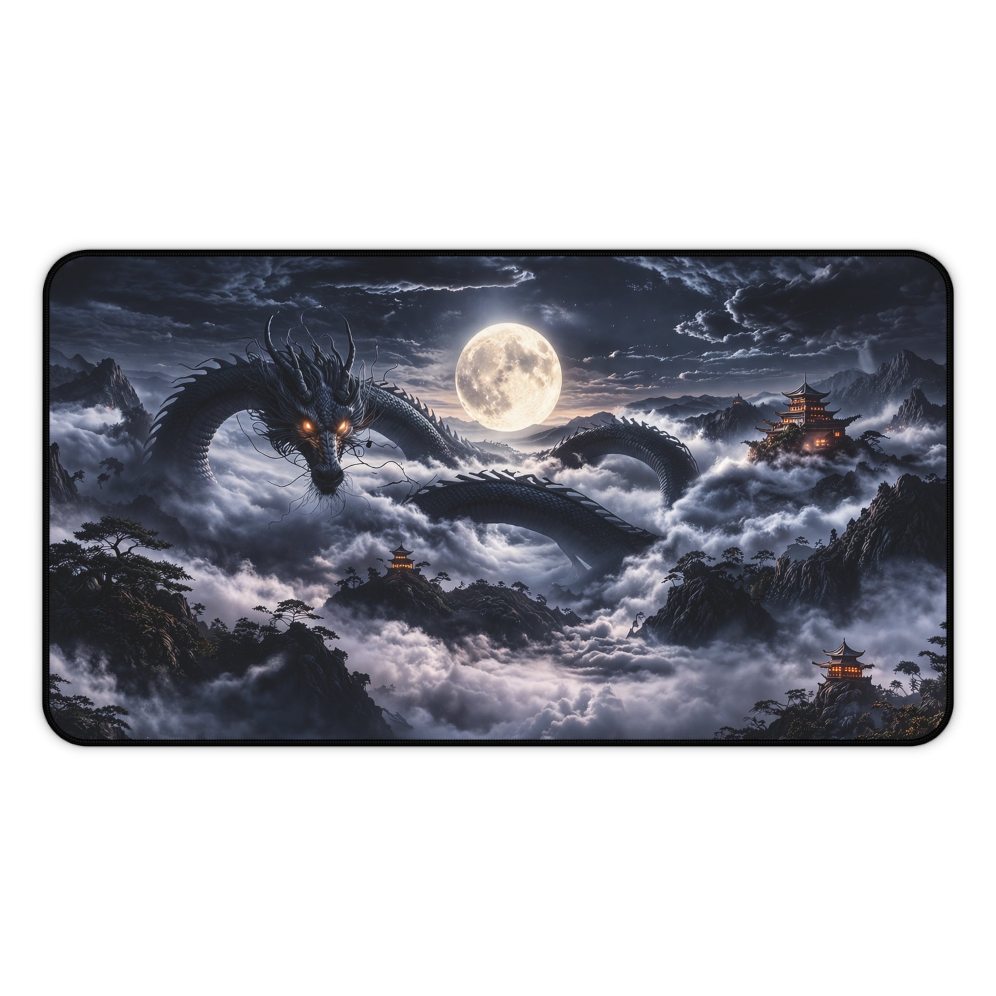 Moonlit Black Dragon Desk Mat XXL, Gaming Mouse Pad | Fantasy Japanese Dark Aesthetic