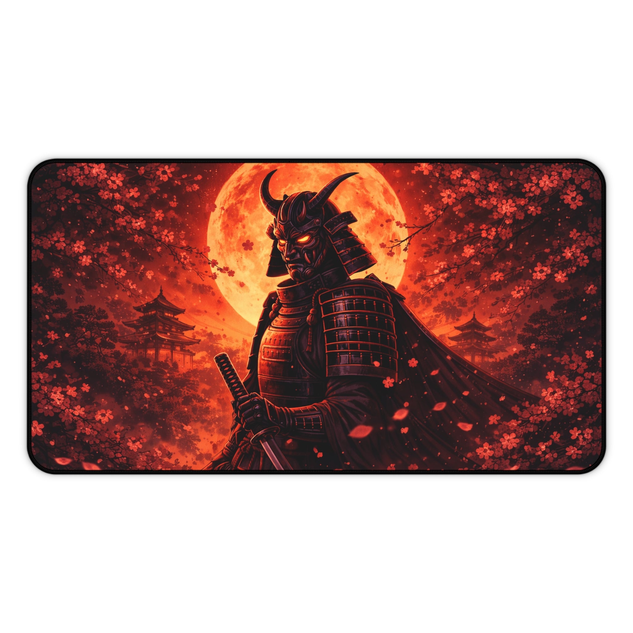 Samurai Crimson Moon Desk Mat — Cherry Blossom Silhouette Mousepad