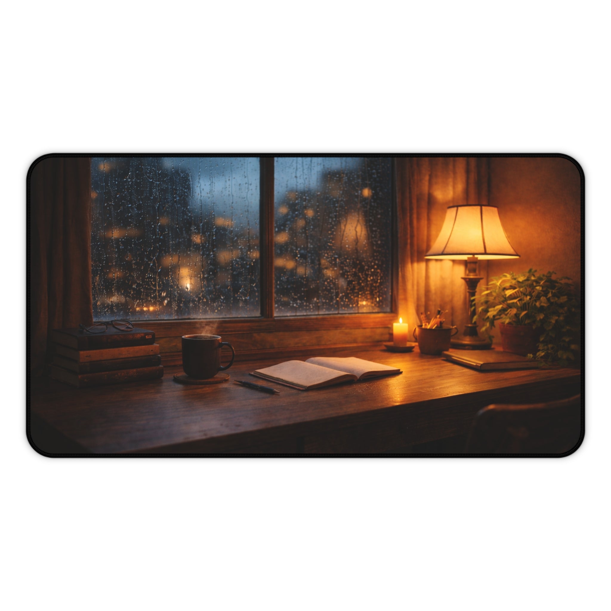 Cozy Rainy Night Desk Mat — Lamplight, Books & Coffee Aesthetic