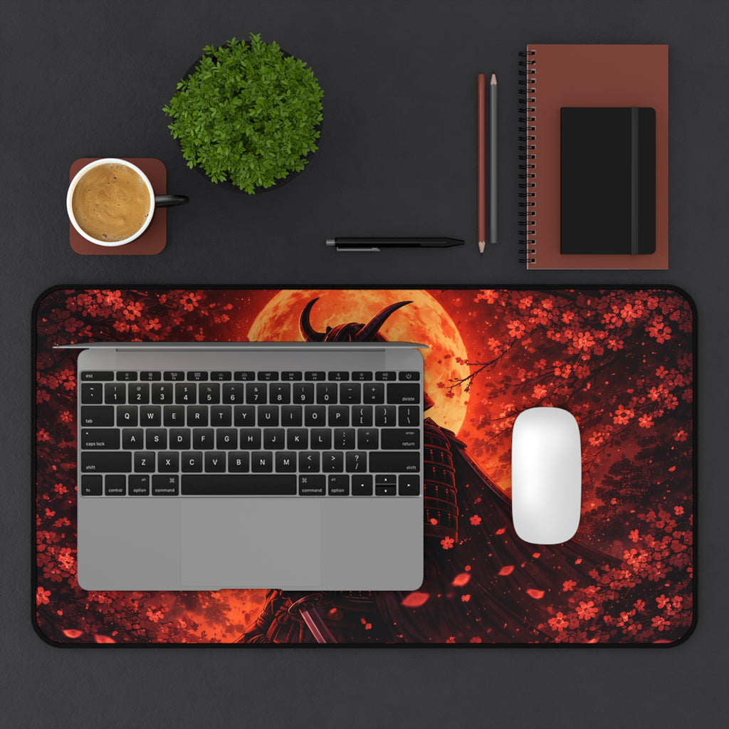 Samurai Crimson Moon Desk Mat — Cherry Blossom Silhouette Mousepad