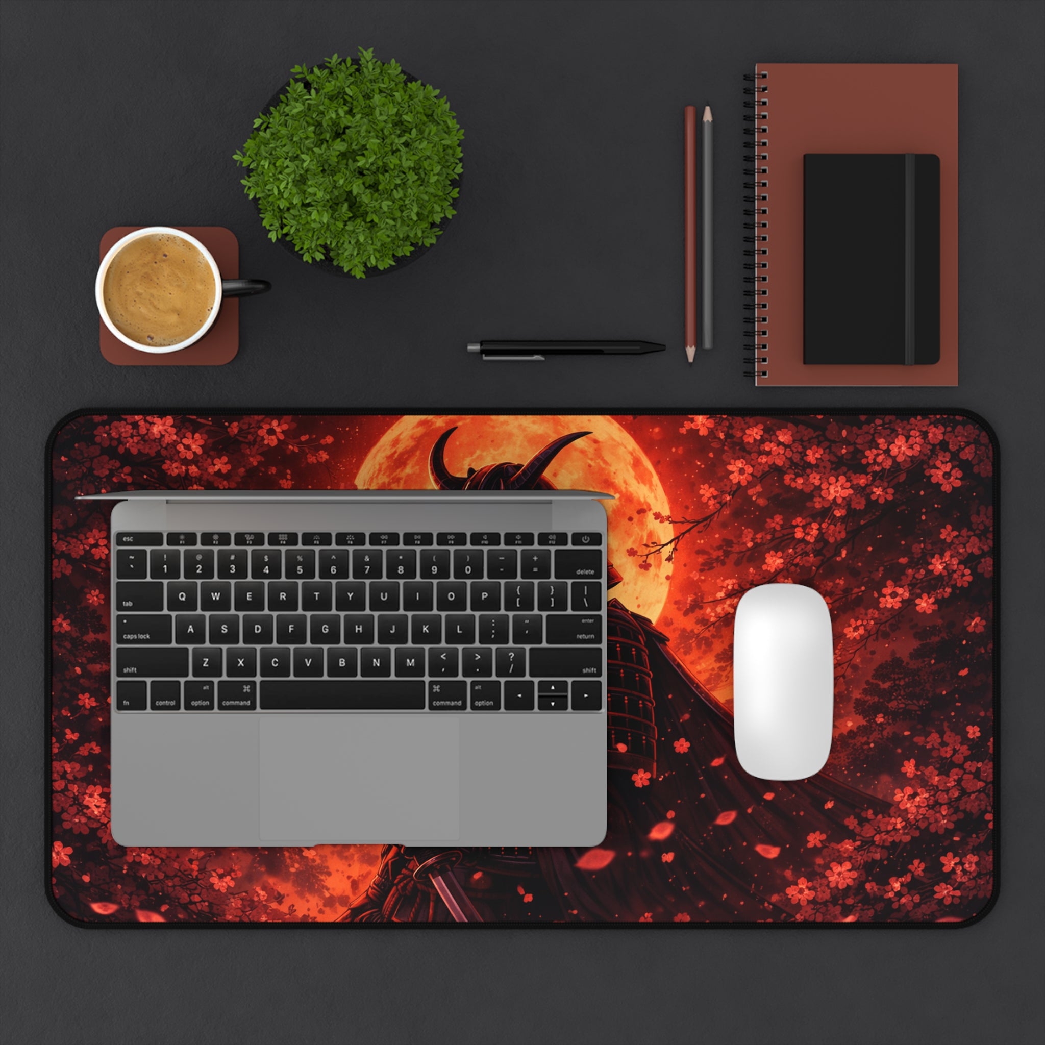 Samurai Crimson Moon Desk Mat — Cherry Blossom Silhouette Mousepad