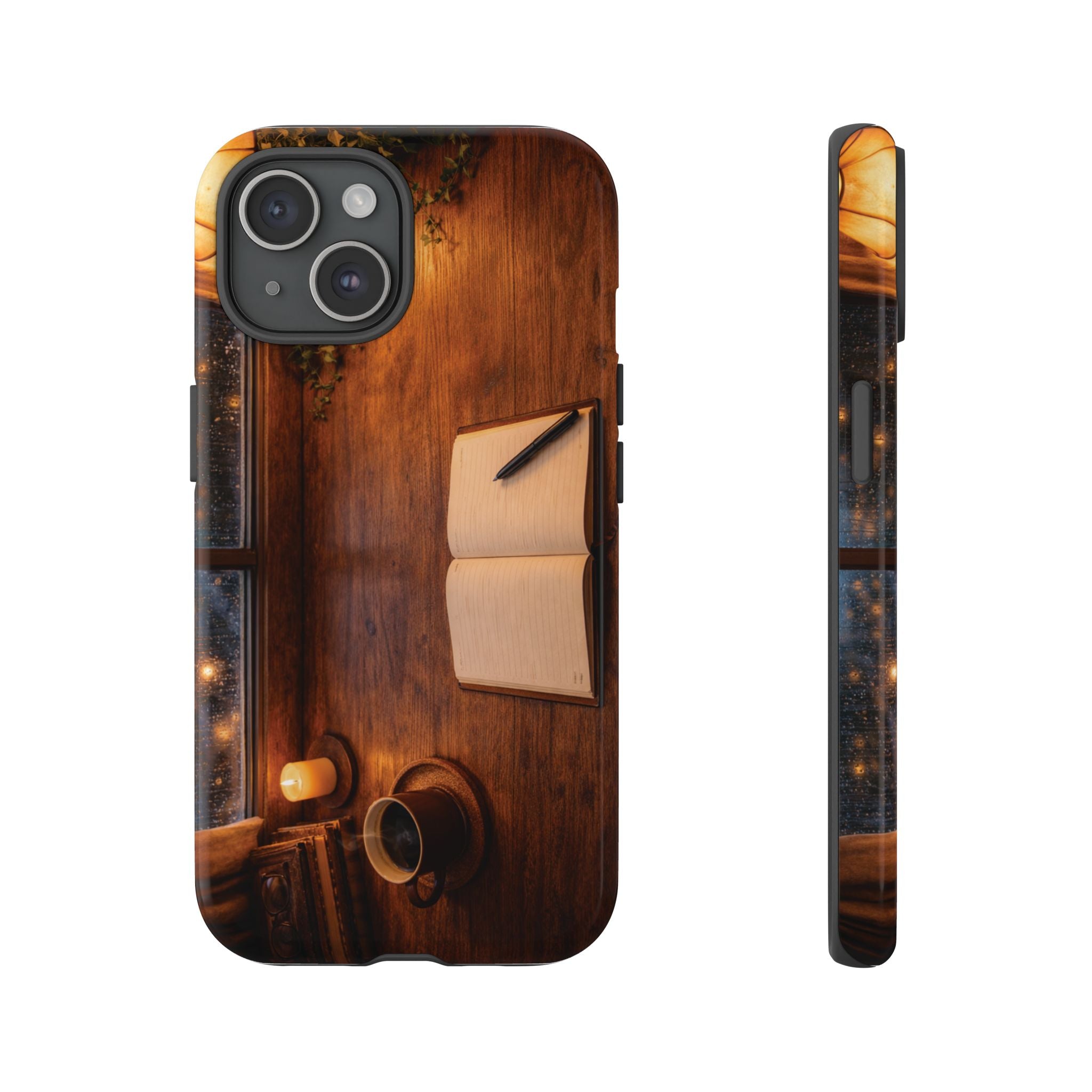 Cozy Writer’s Desk Phone Case — Cozy Notebook & Coffee Woodgrain Design