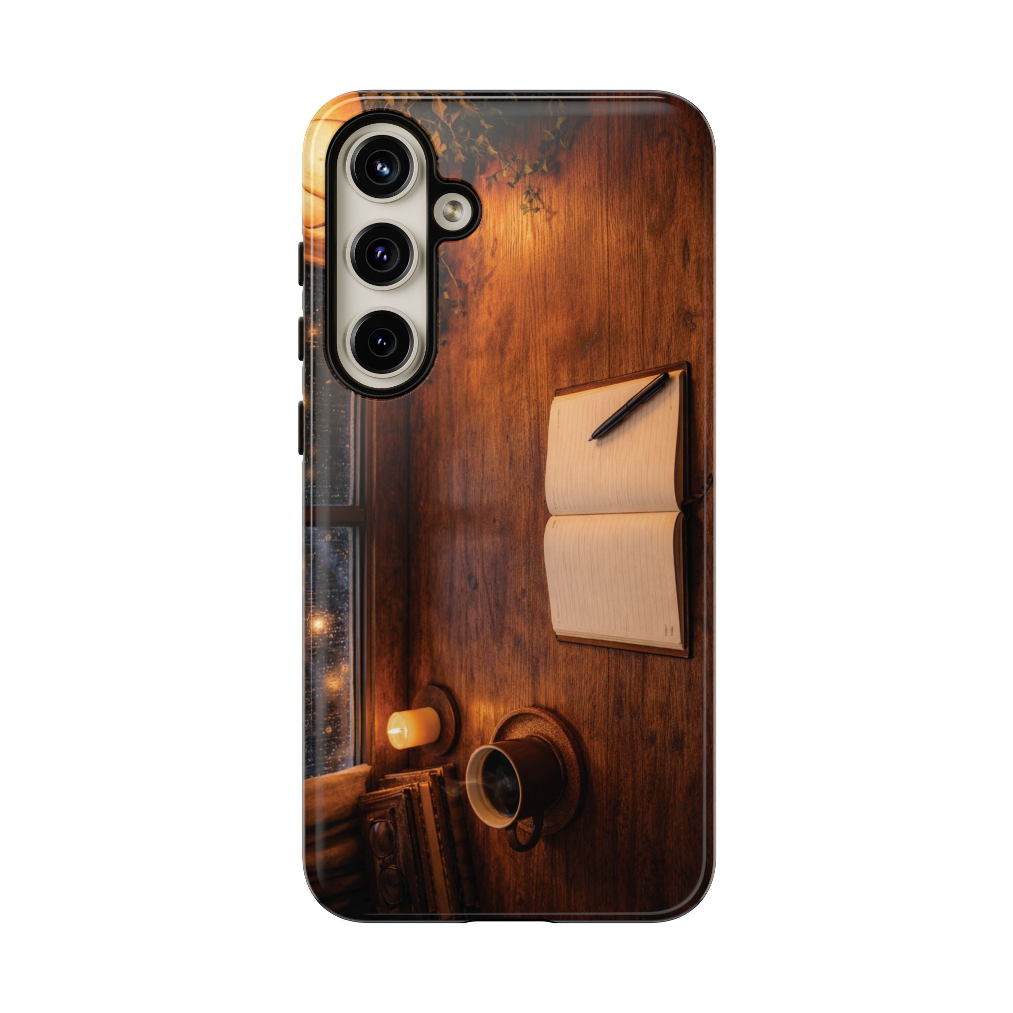 Cozy Writer’s Desk Phone Case — Cozy Notebook & Coffee Woodgrain Design