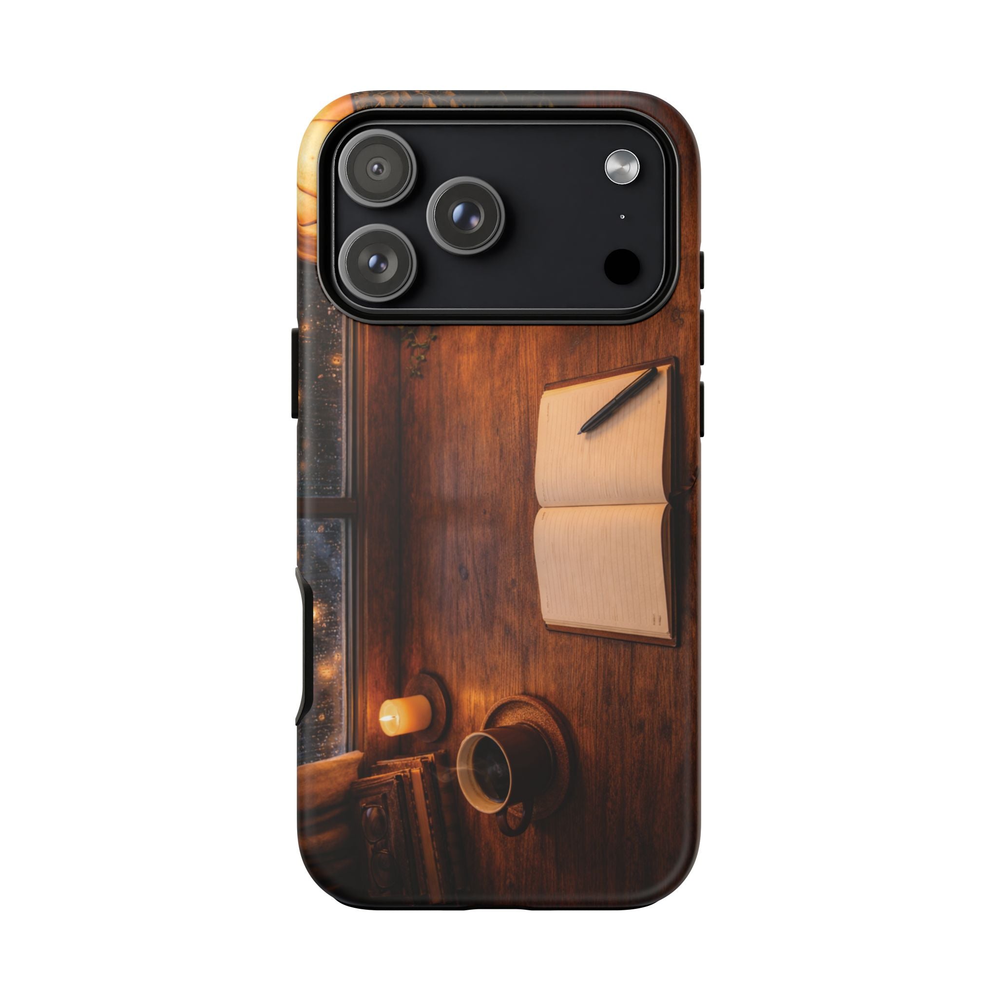 Cozy Writer’s Desk Phone Case — Cozy Notebook & Coffee Woodgrain Design
