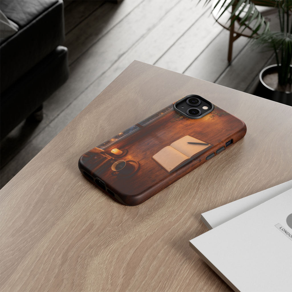 Cozy Writer’s Desk Phone Case — Cozy Notebook & Coffee Woodgrain Design