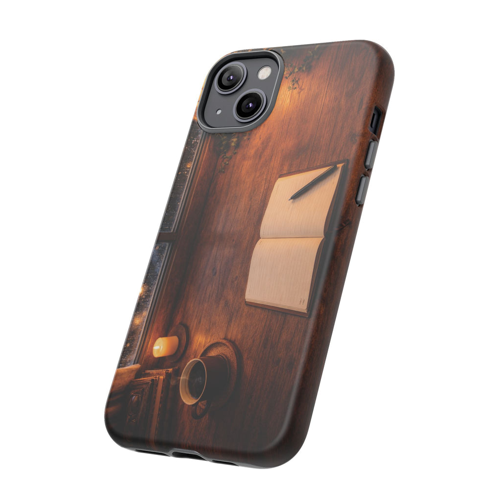 Cozy Writer’s Desk Phone Case — Cozy Notebook & Coffee Woodgrain Design