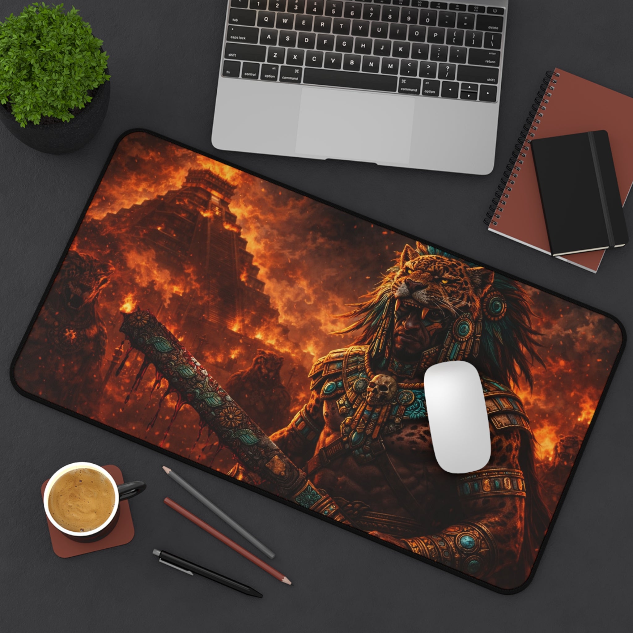 Jaguar Warrior Pyramid Desk Mat — Neoprene Gaming & Work Mouse Pad