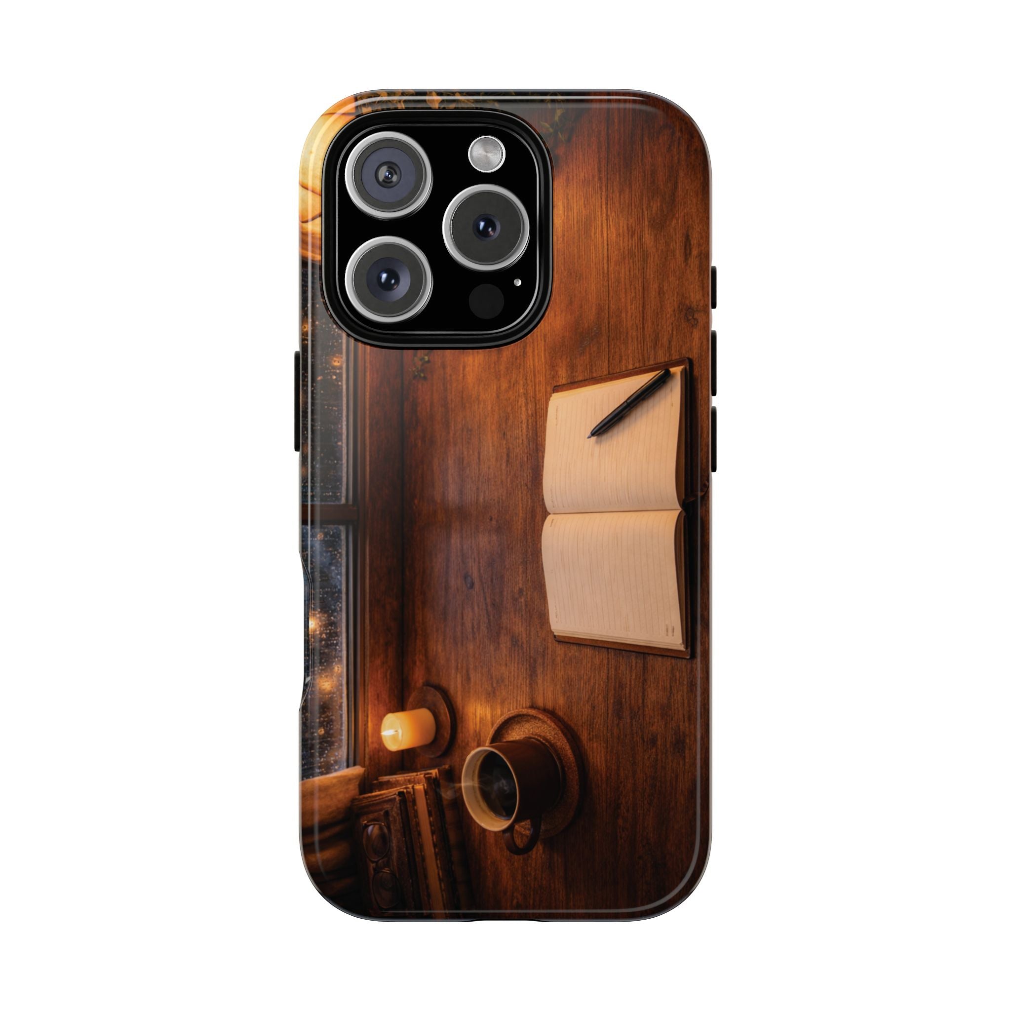 Cozy Writer’s Desk Phone Case — Cozy Notebook & Coffee Woodgrain Design