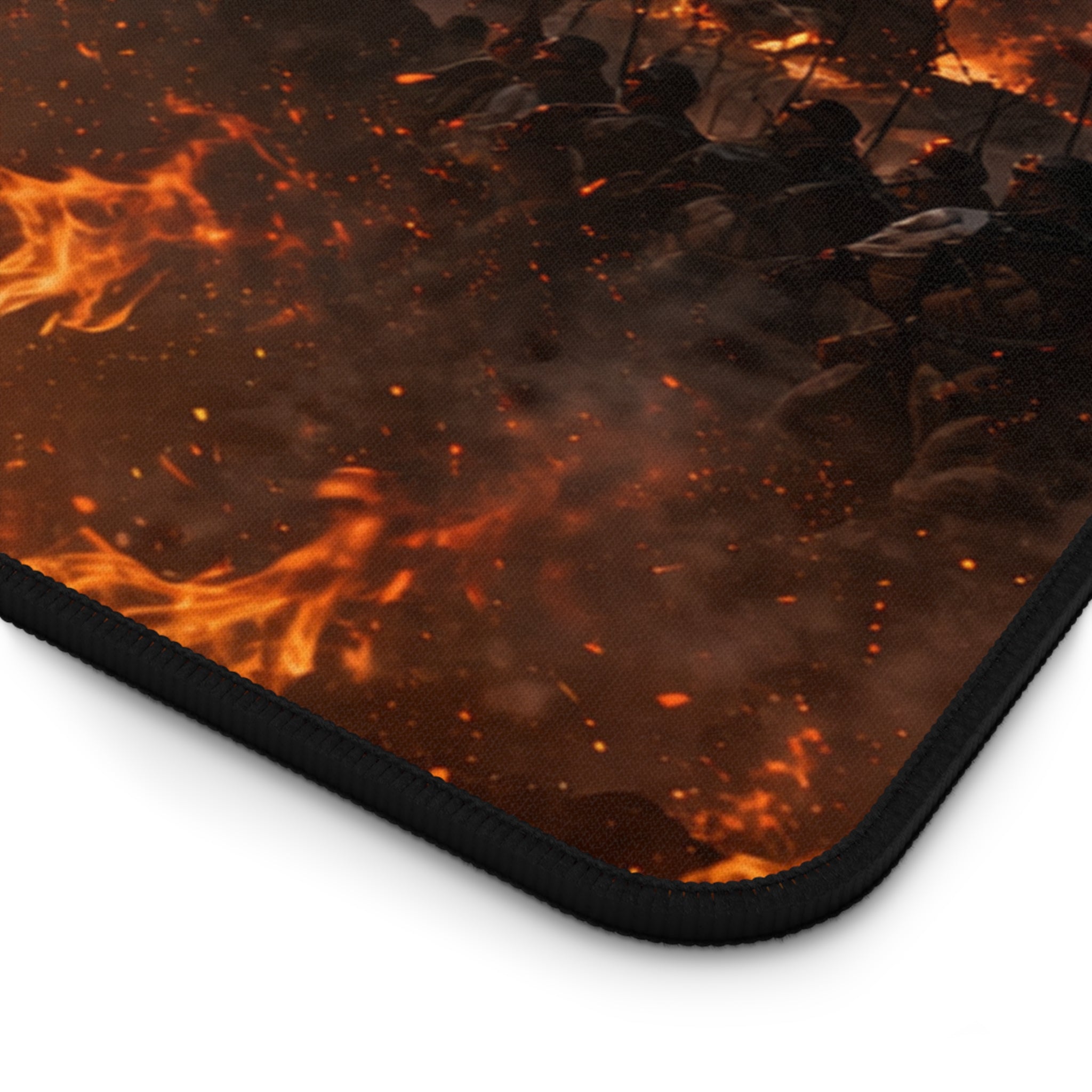 Crusader Flame Desk Mat — Battle-Scarred Gamer Mousepad