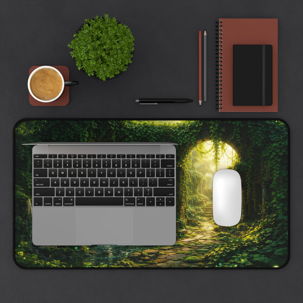Ivy-Covered Ancient Ruins Desk Mat — Golden Sunlight Overgrown Ruins Desk Mat